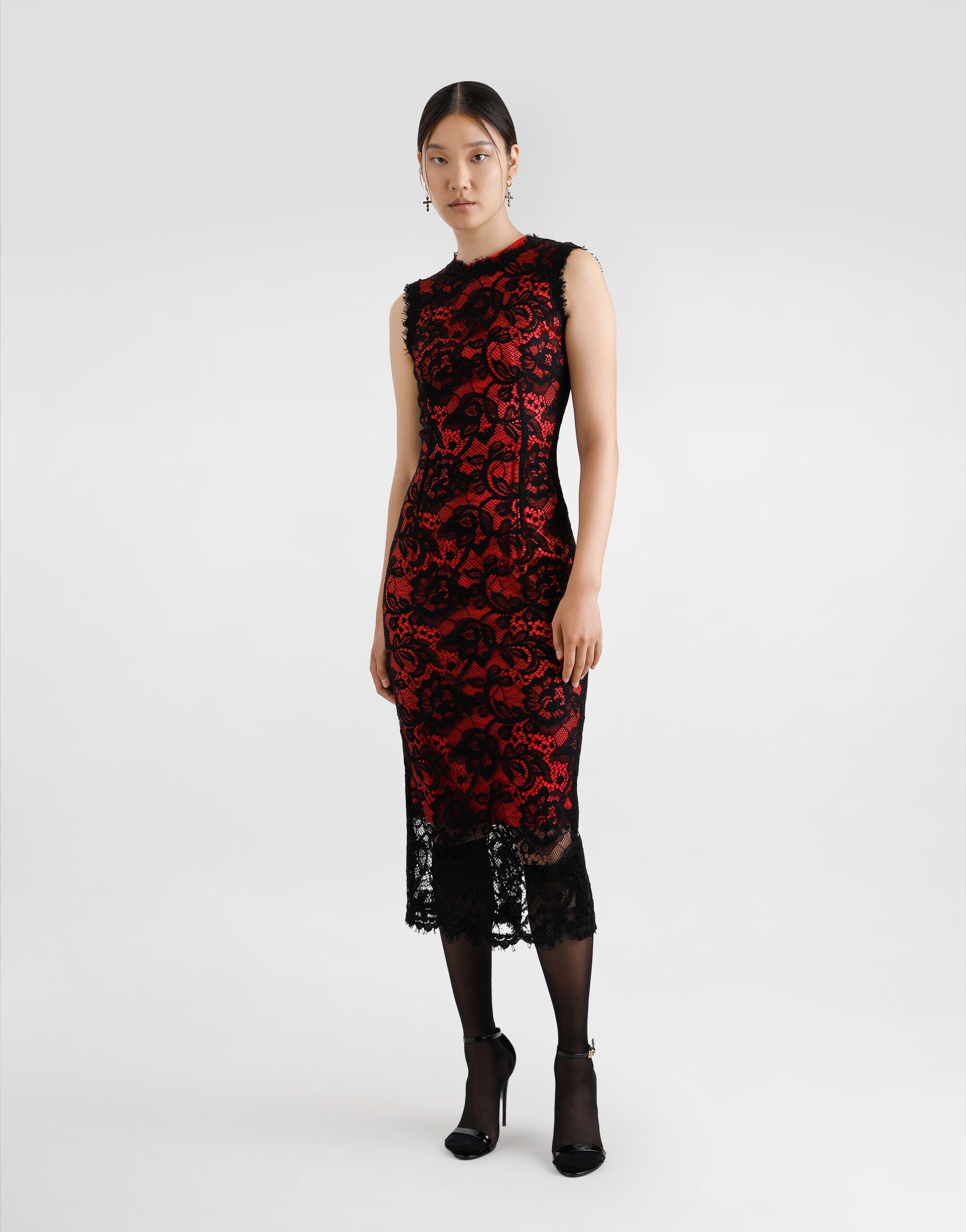 Calf-length floral lace sheath dress with contrasting lining - 2