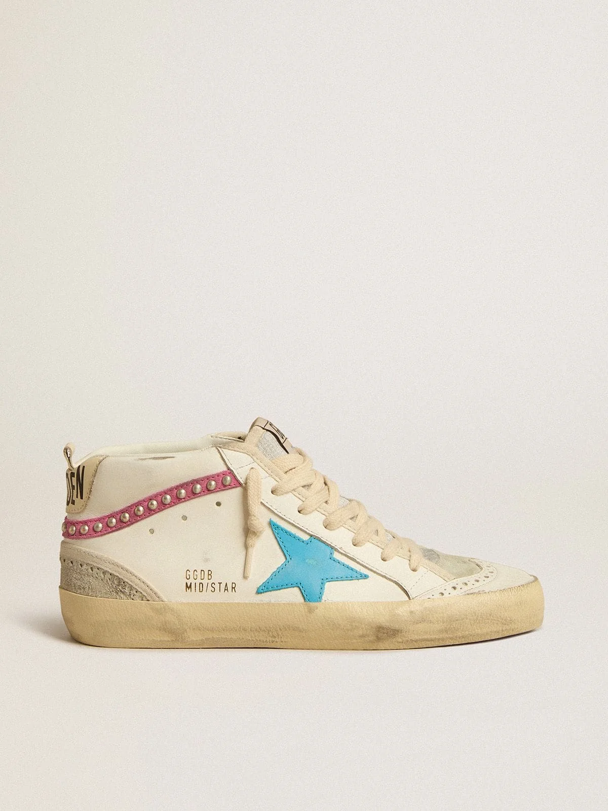 Women's Mid Star in leather with light blue star and fuchsia suede flash with platinum studs - 1