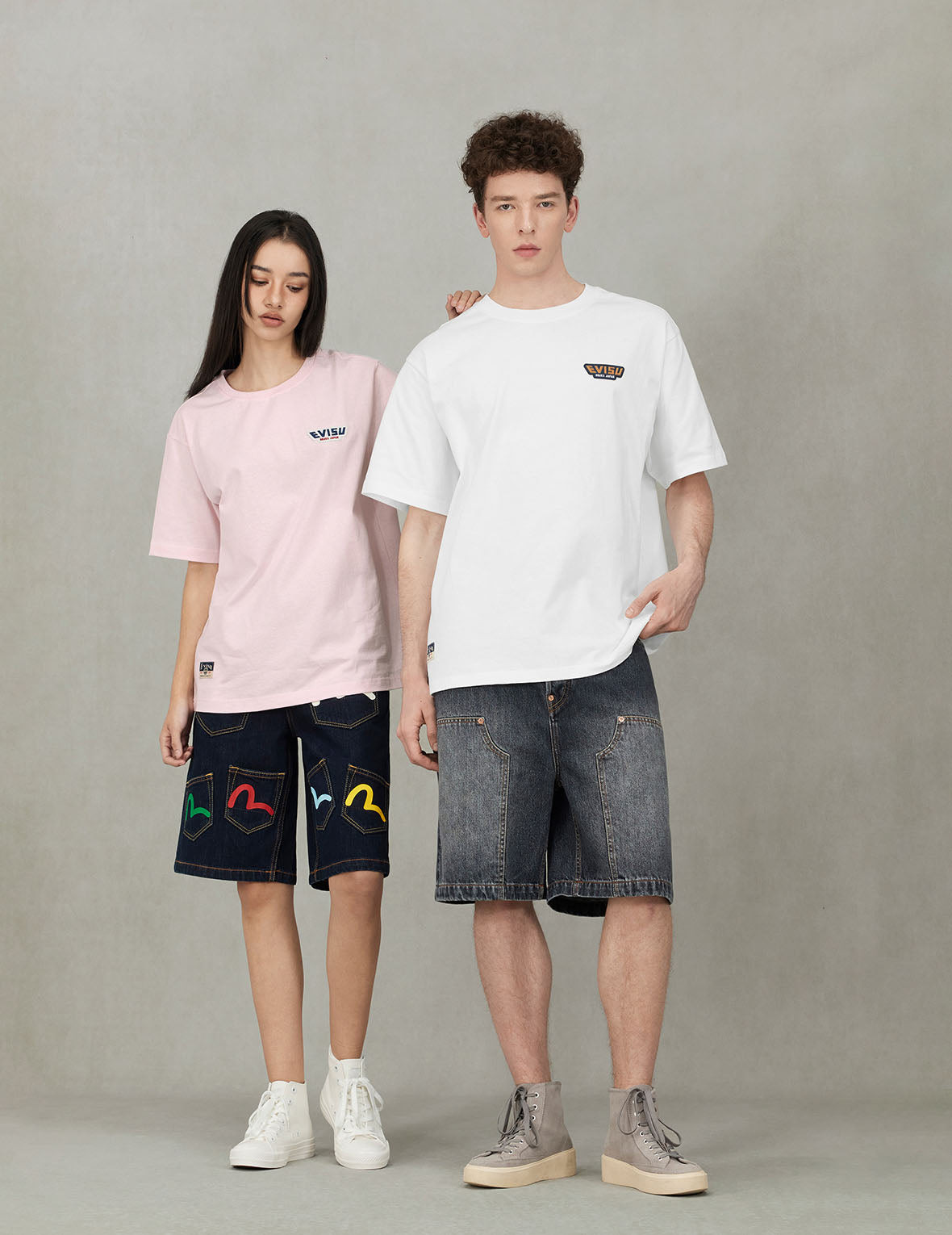 Seagull Print Pockets Oversized Worker Denim Shorts - 6