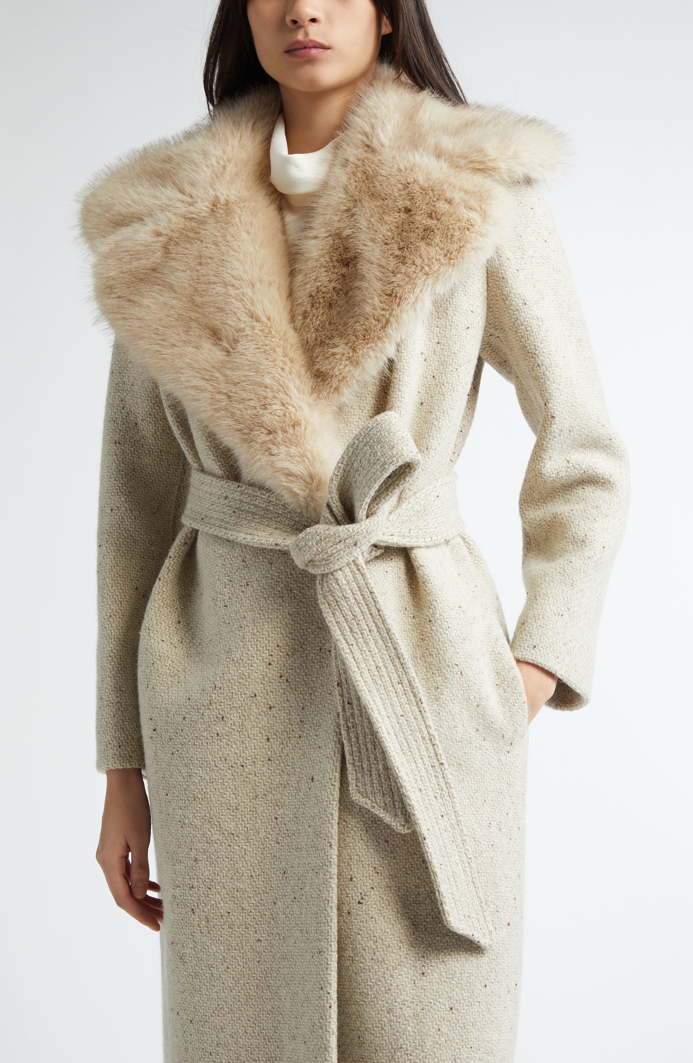 Valentino Garavani Virgin Wool Belted Coat with Faux Fur Collar in Cream Multi at Nordstrom - 5