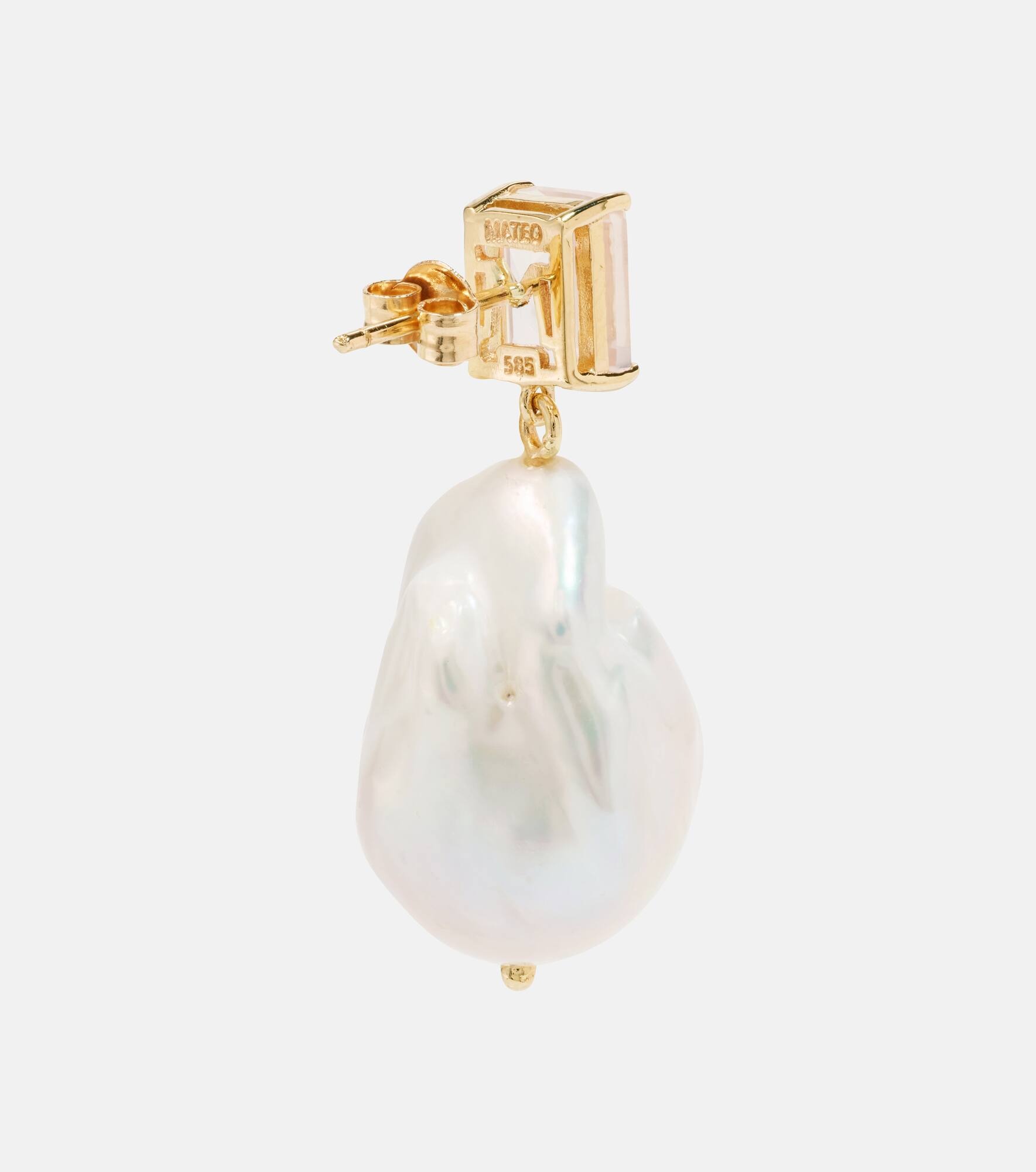 14kt gold drop earrings with rose quartz and Baroque pearls - 5