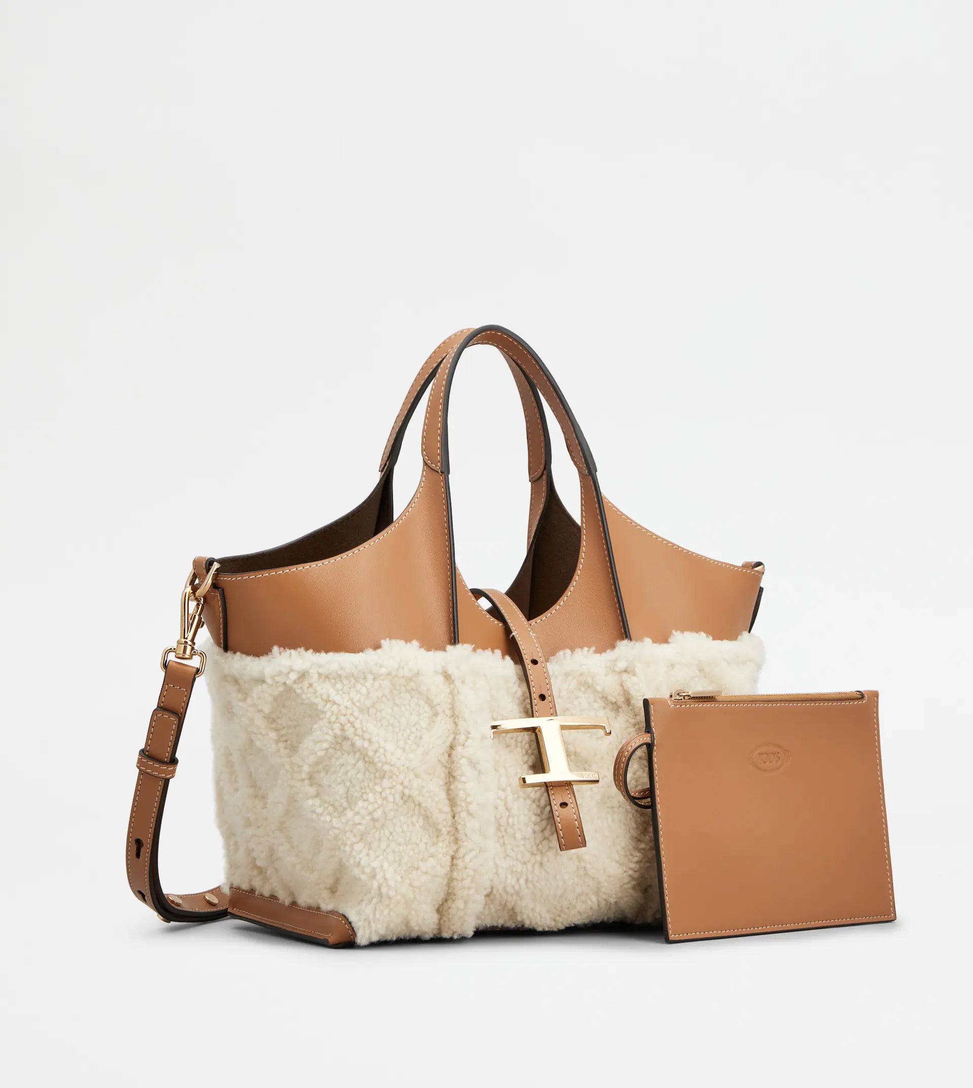 T TIMELESS SHOPPING BAG IN LEATHER AND SHEARLING MINI - BROWN, OFF WHITE - 5