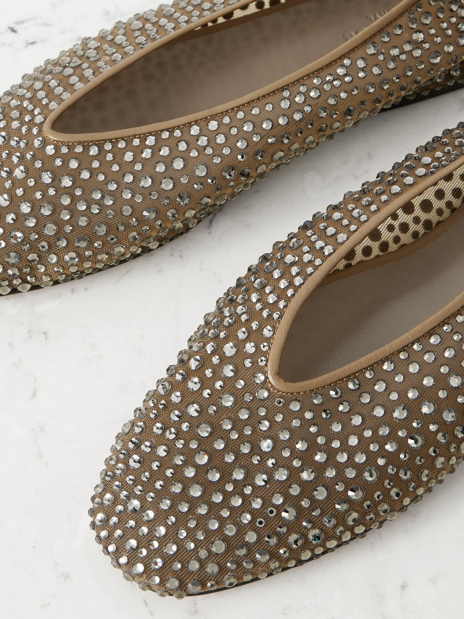 Luna leather-trimmed crystal-embellished mesh flats Neutral - 4