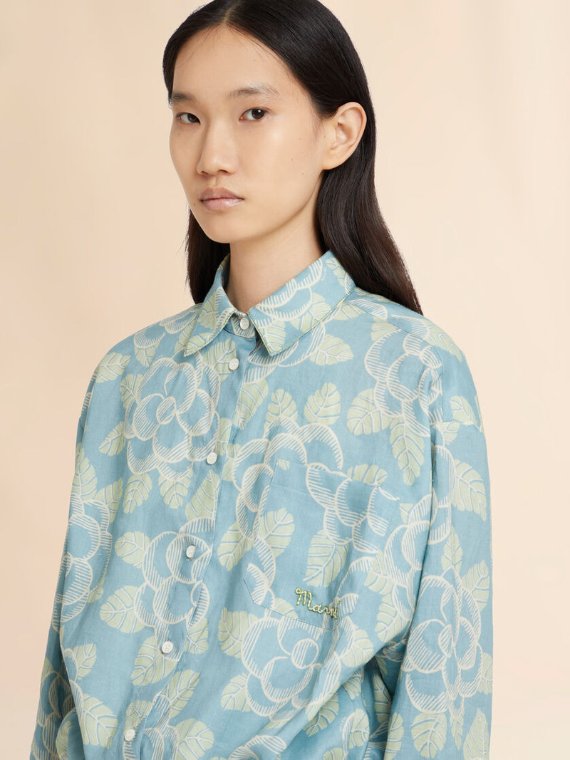 BLUE RAMIE DRAWSTRING SHIRT WITH BANJO PRINT 4