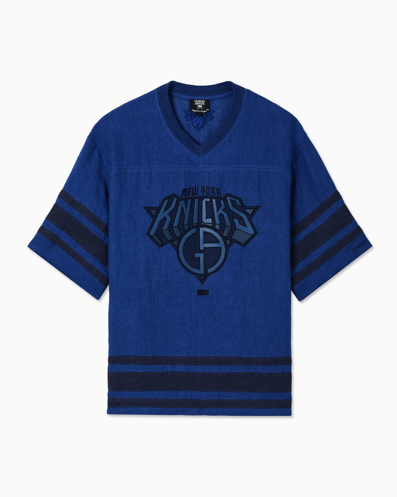 LINEN T-SHIRT WITH STRIPED EDGES AND KITH FOR KNICKS LOGO 1