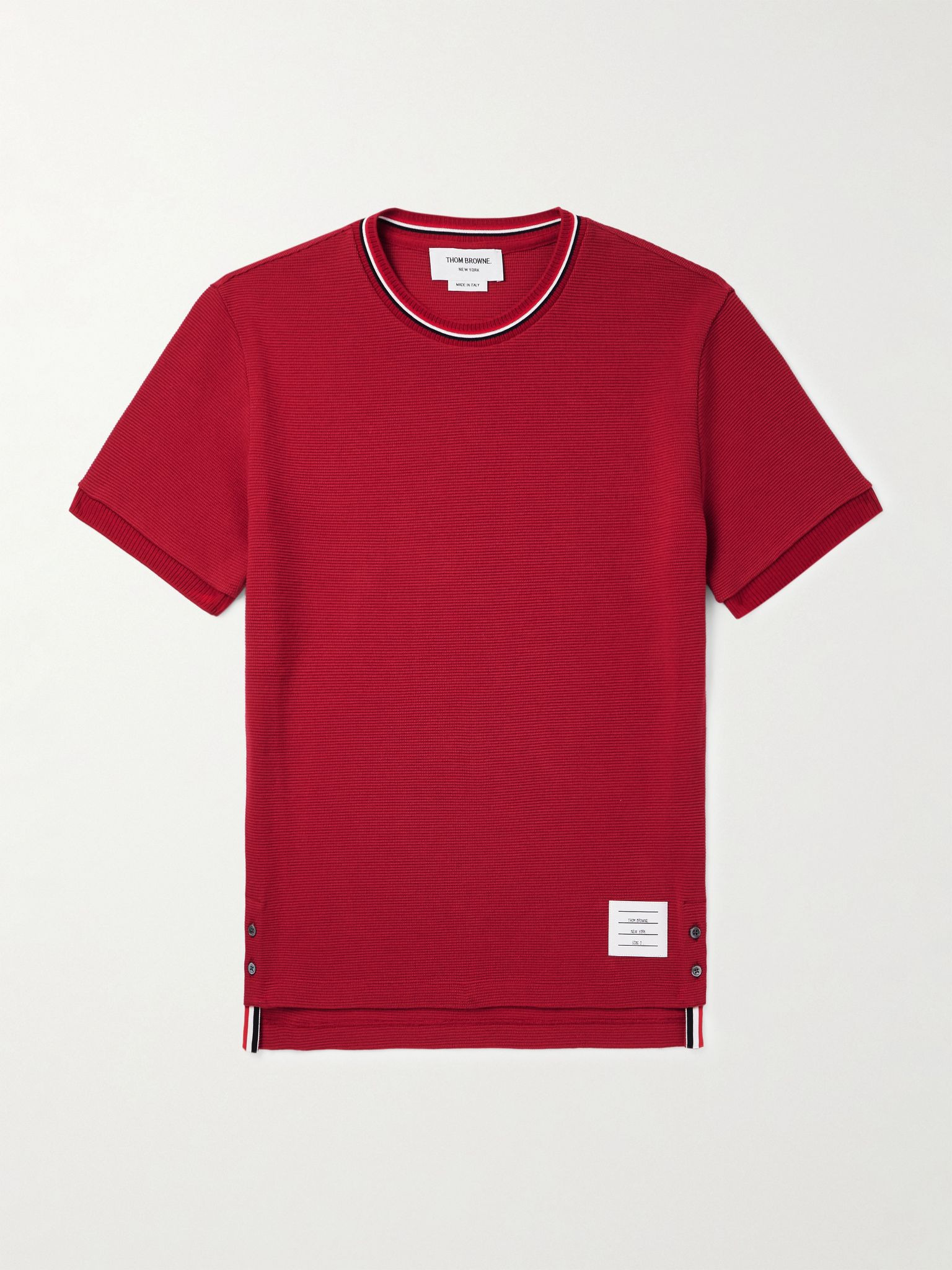 Slim-Fit Logo-Appliquéd Striped Waffle-Knit Cotton T-Shirt Red - 1