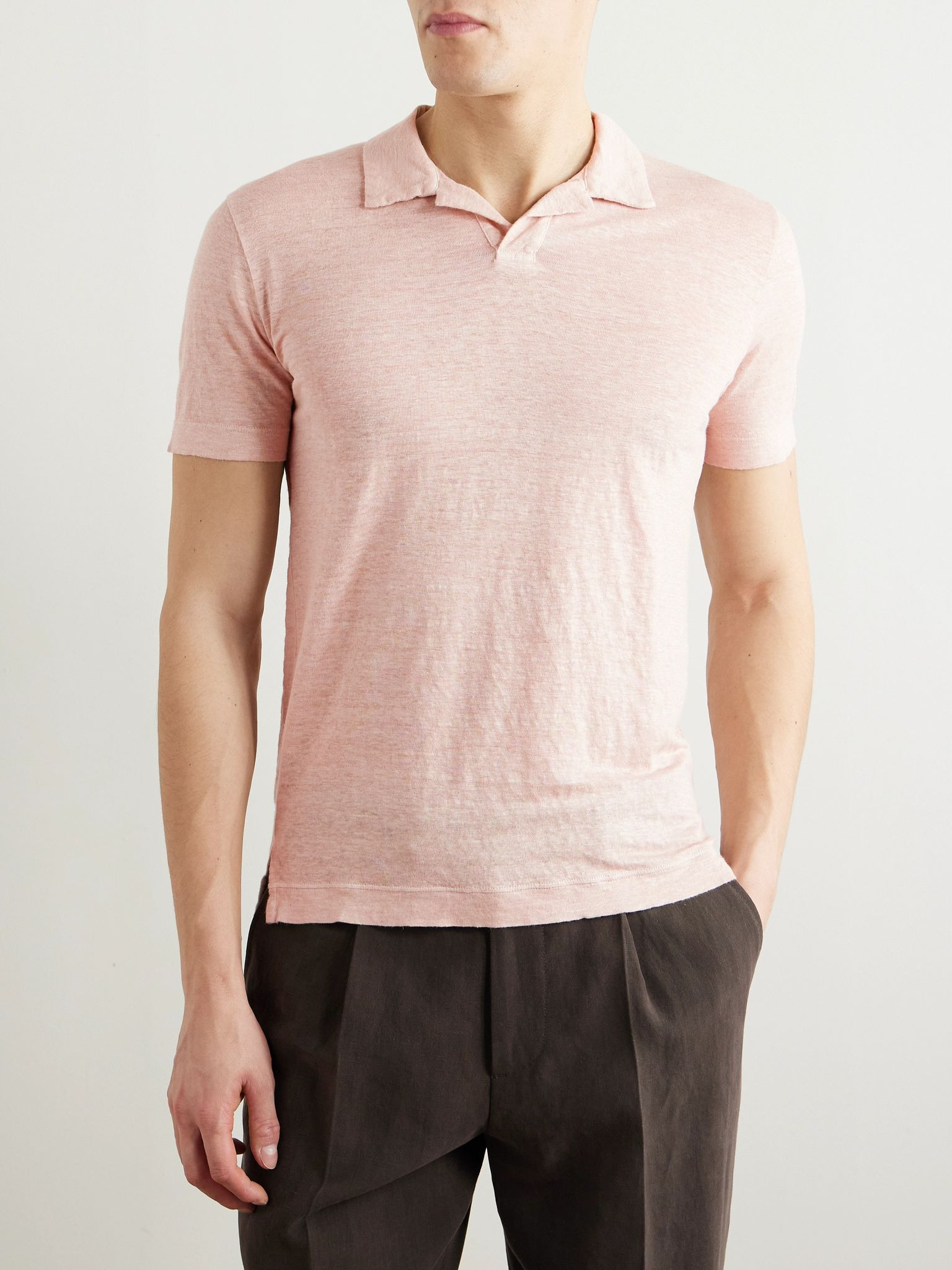 Slim-Fit Linen Polo Shirt Pink - 3