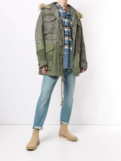 Greg Lauren denim-panelled plaid shirt outlook