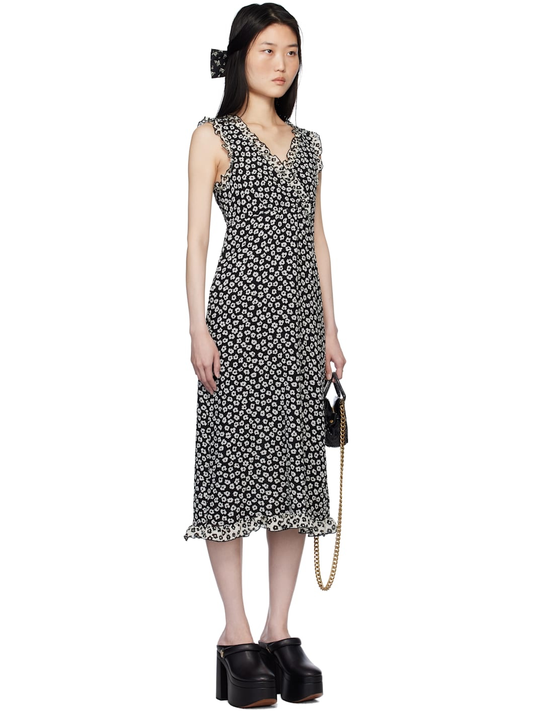 Black Daisy Pucker Midi Dress - 2