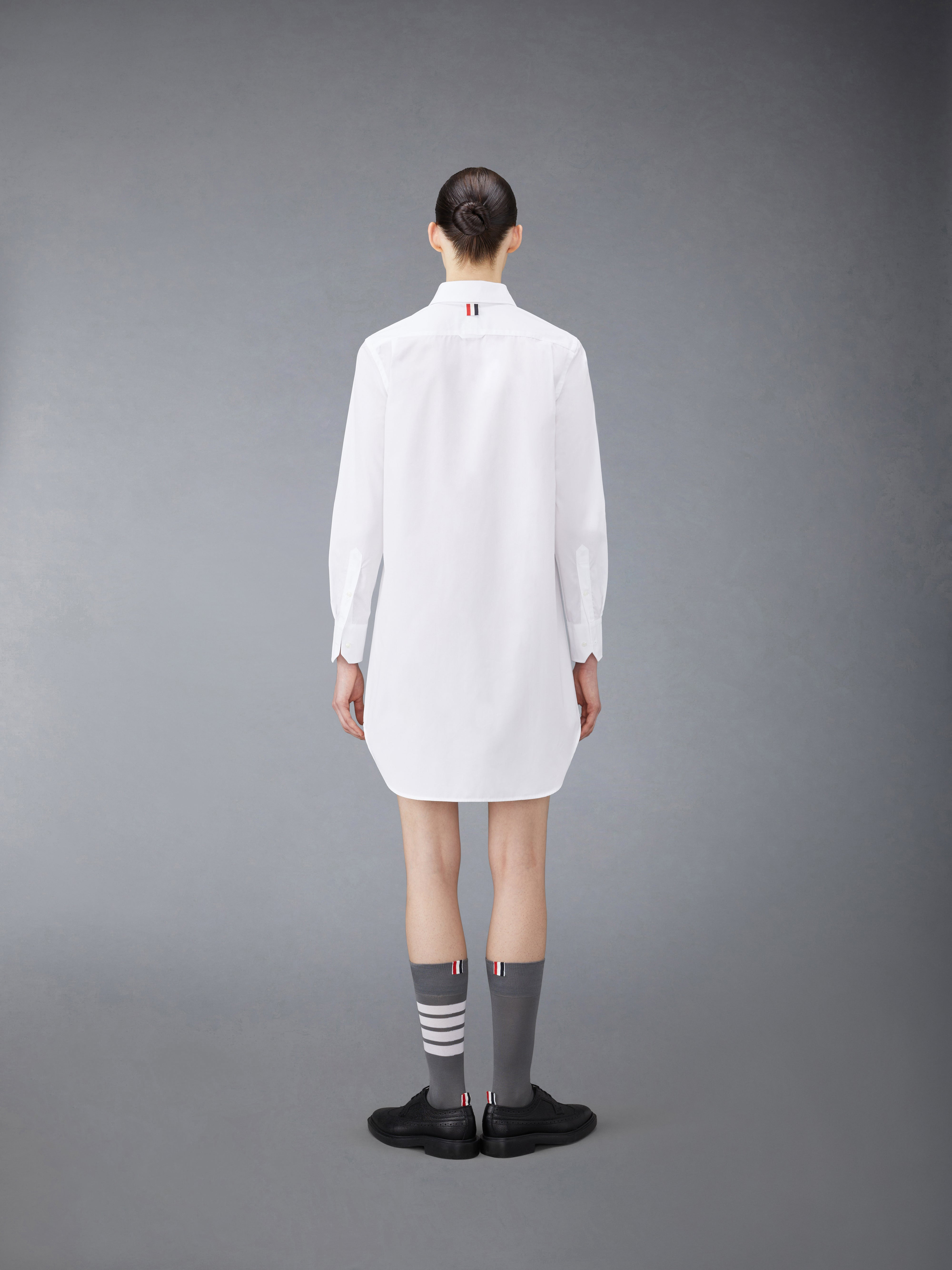 White Solid Poplin Stripe Grosgrain Placket Thigh Length Point Collar Shirtdress - 3