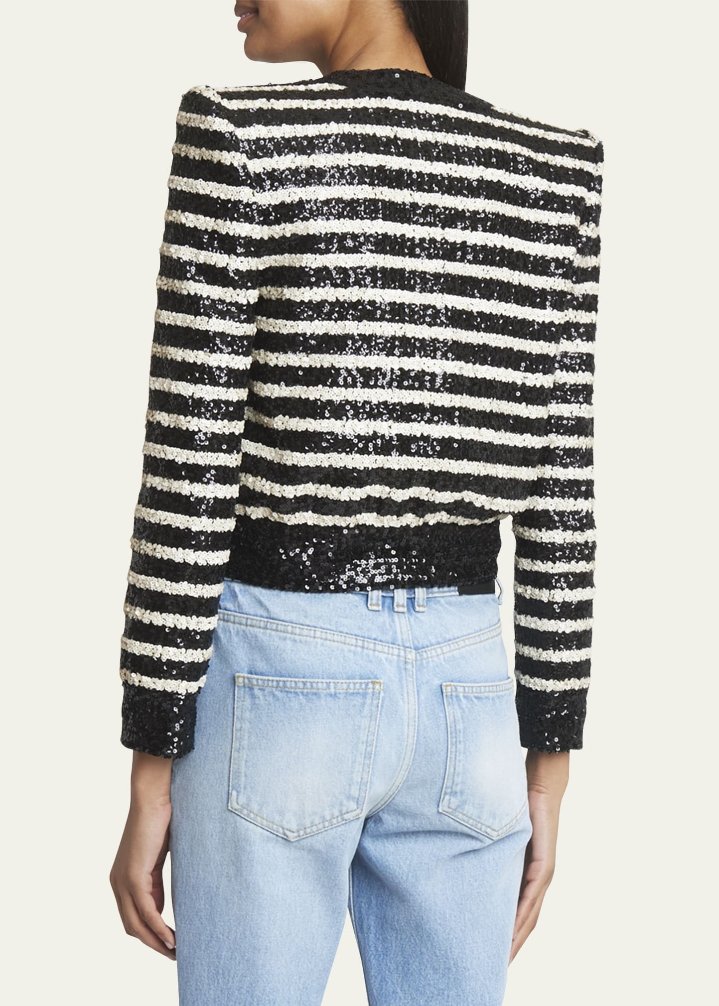 Striped Sequined Crop Jacket with Button Details - 3