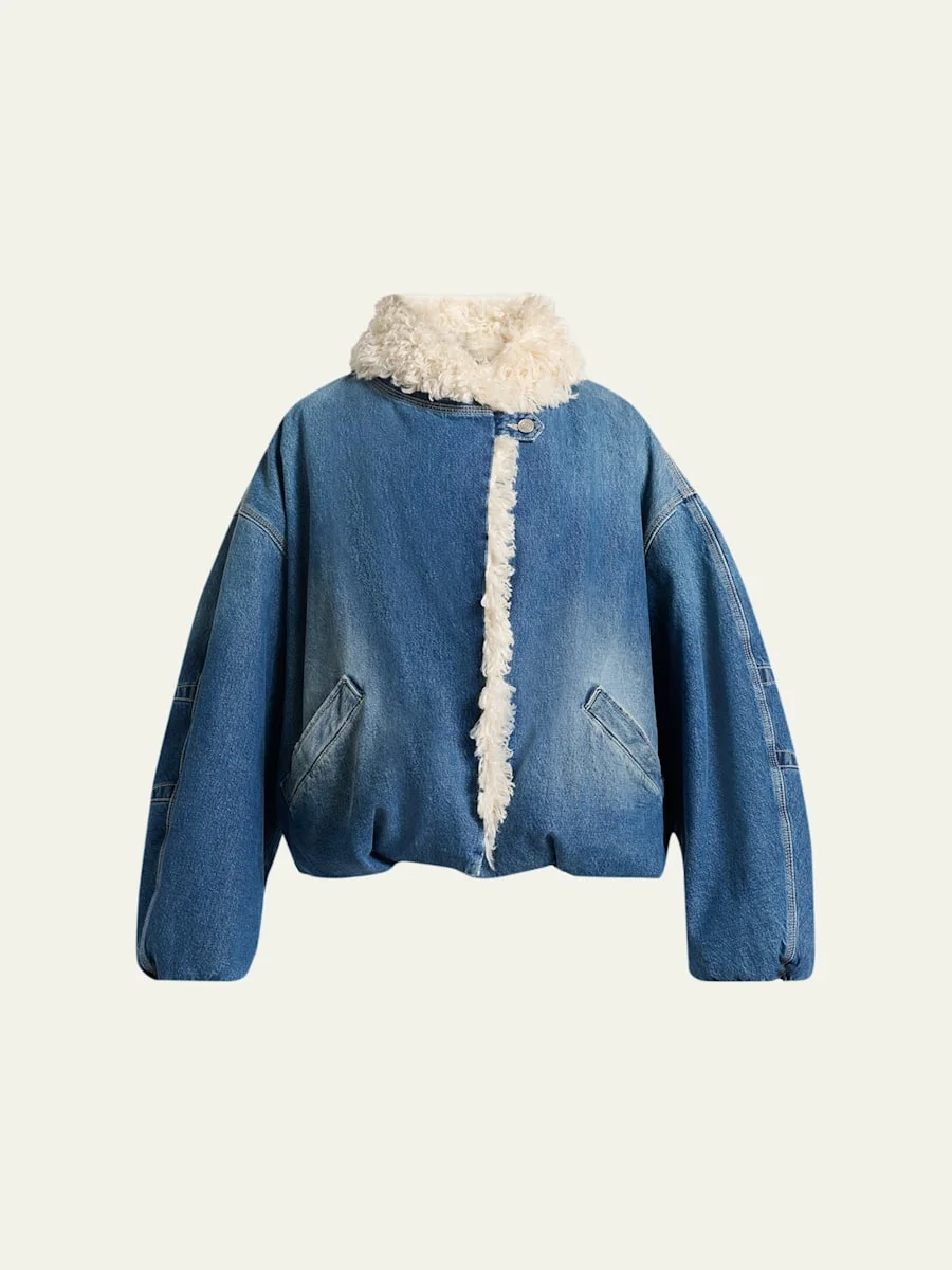 Charone Short Denim Jacket with Faux Fur Trim - 1