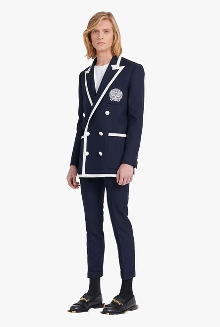 Navy blue wool blazer with embroidered Balmain logo and double-breasted white buttoned fastening - 2