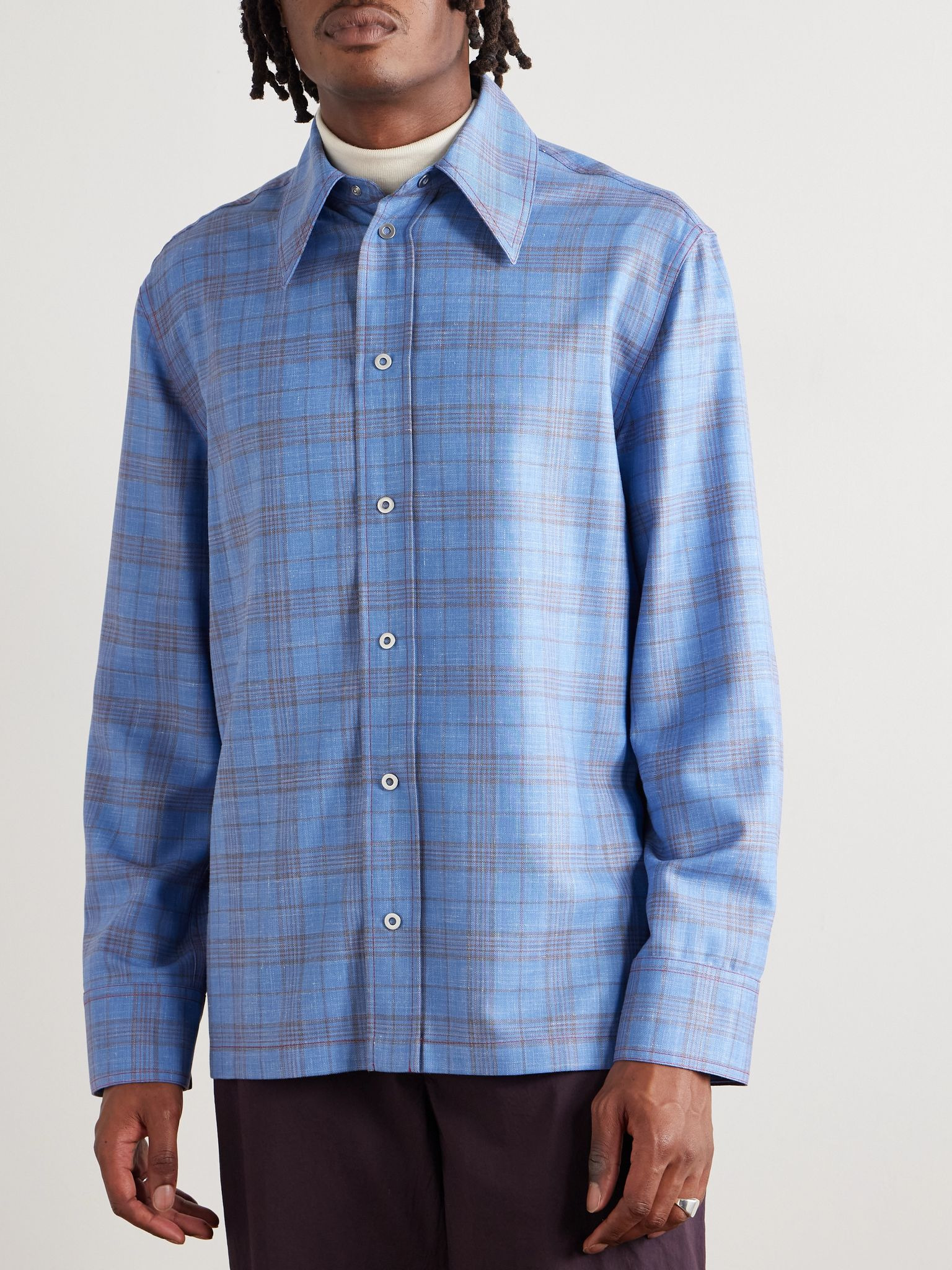 Checked Wool and Linen-Blend Shirt Blue - 3