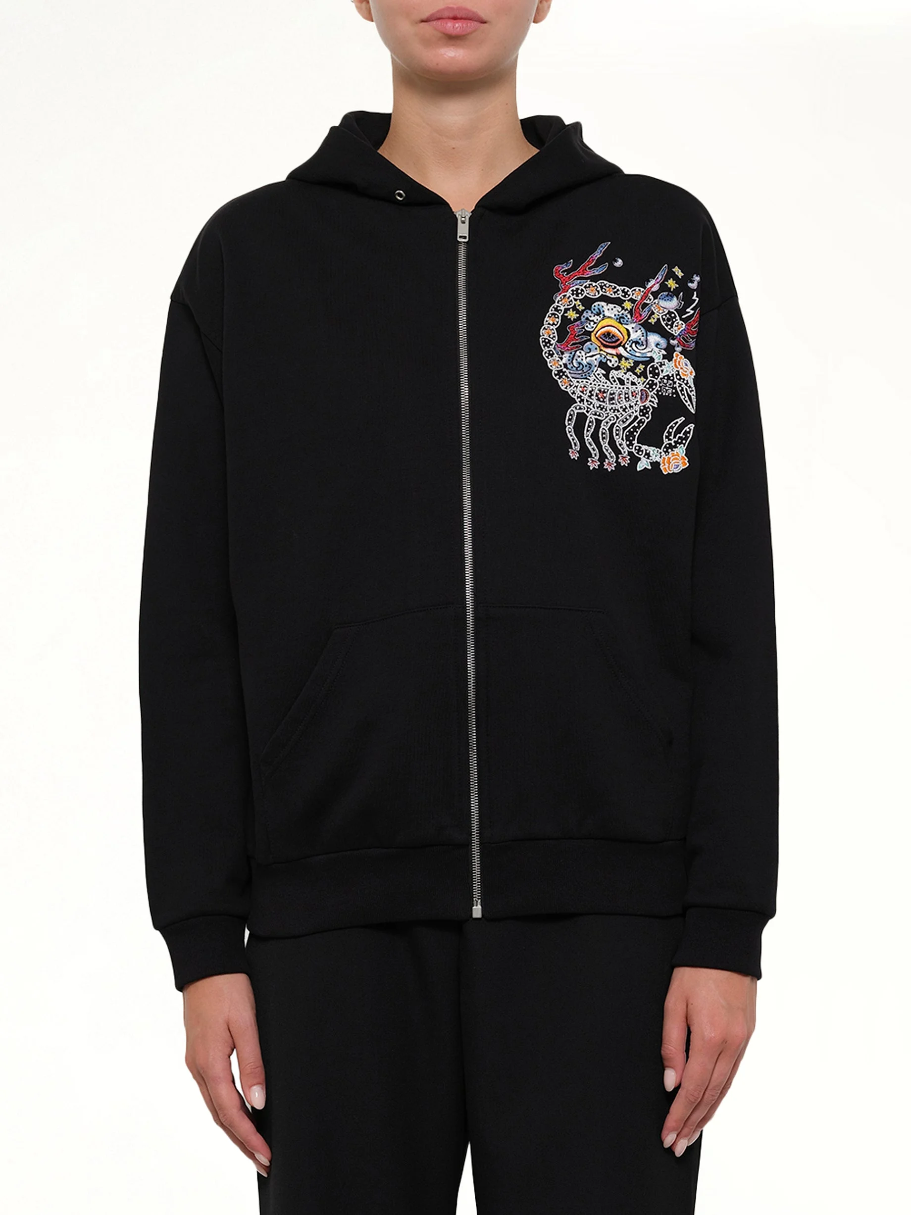 Embroidered Zip Hoodie in Black - 1