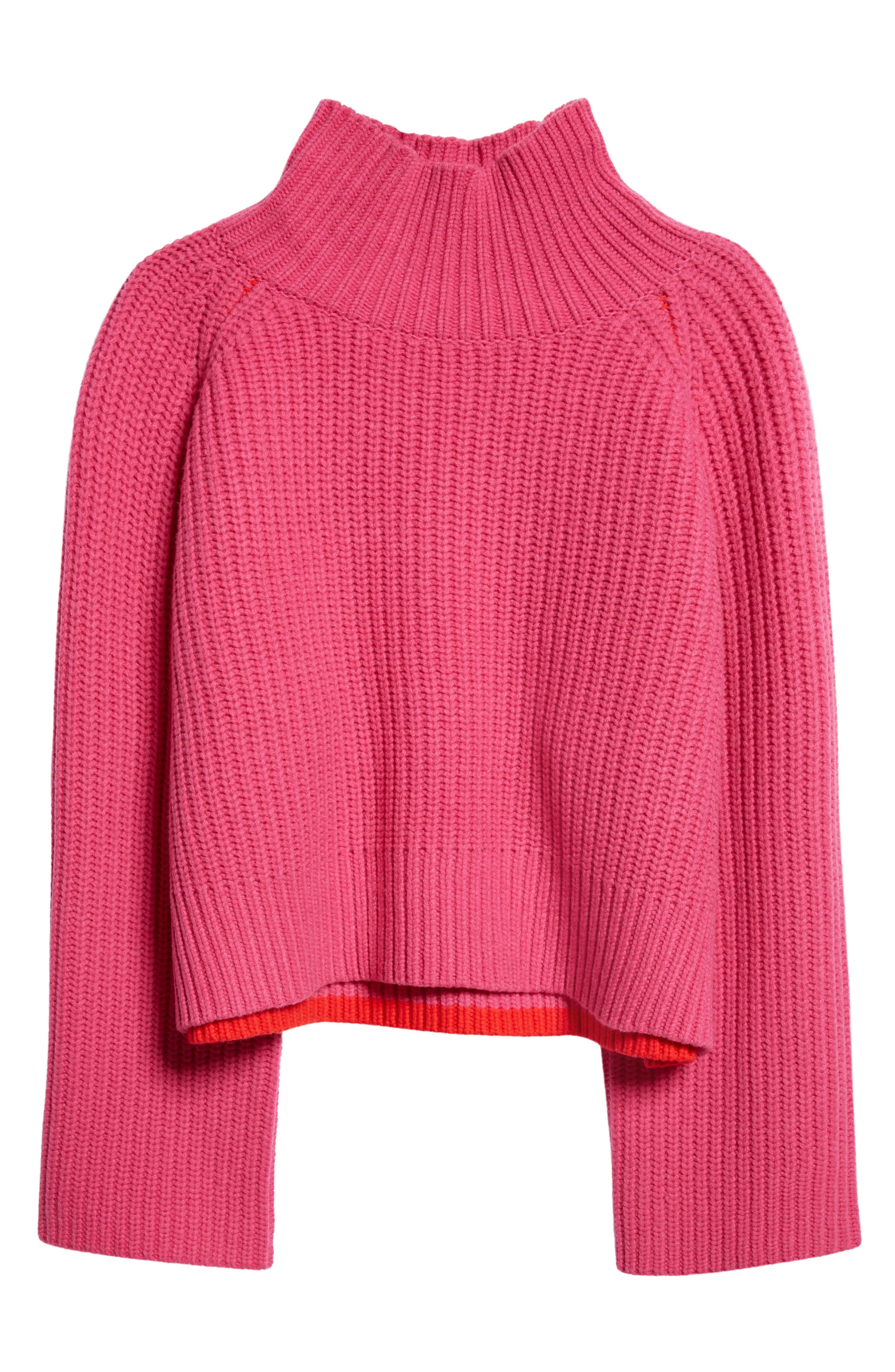 Funnel Neck Crop Wool Rib Sweater in Fuchsia/Bright Poppy - 5