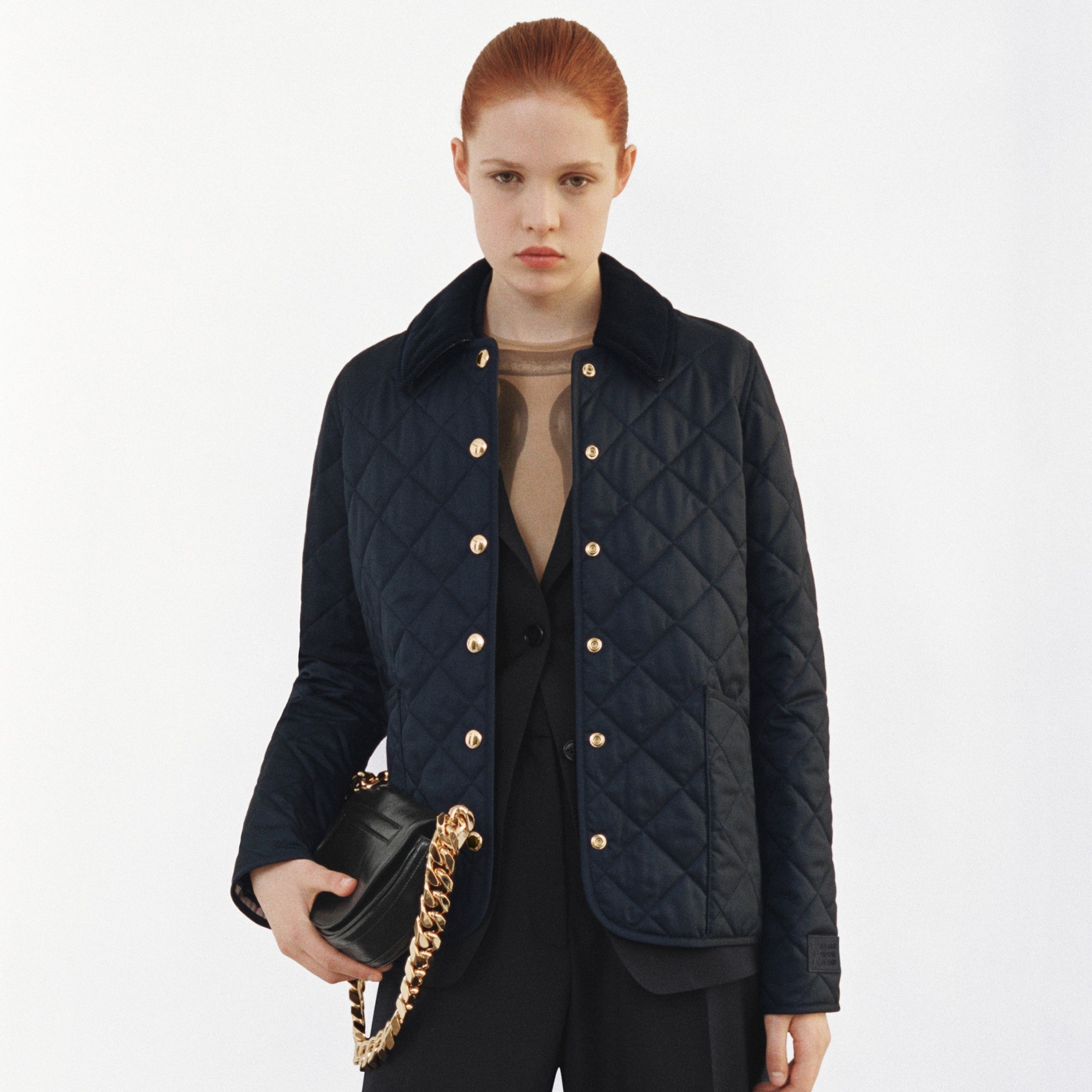 Corduroy Collar Diamond Quilted Jacket - 13