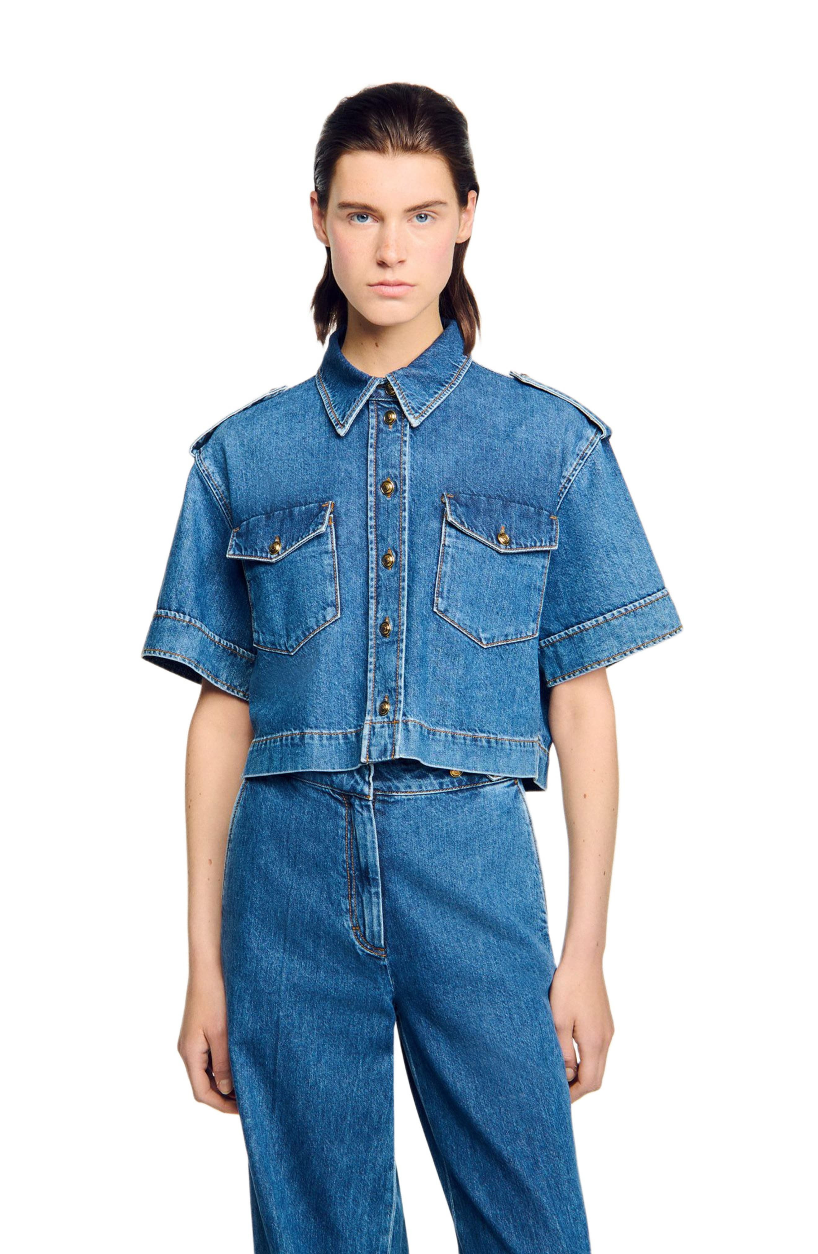 SANDRO Cropped denim shirt in Blue Jean at Nordstrom - 3