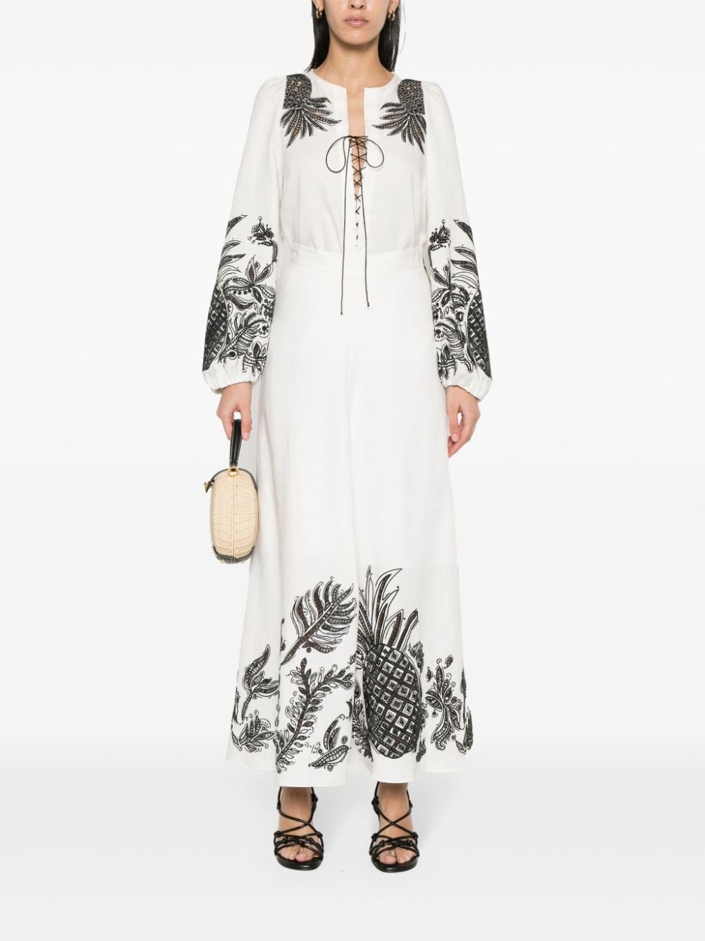 pineapple-embroidery A-line linen skirt - 2