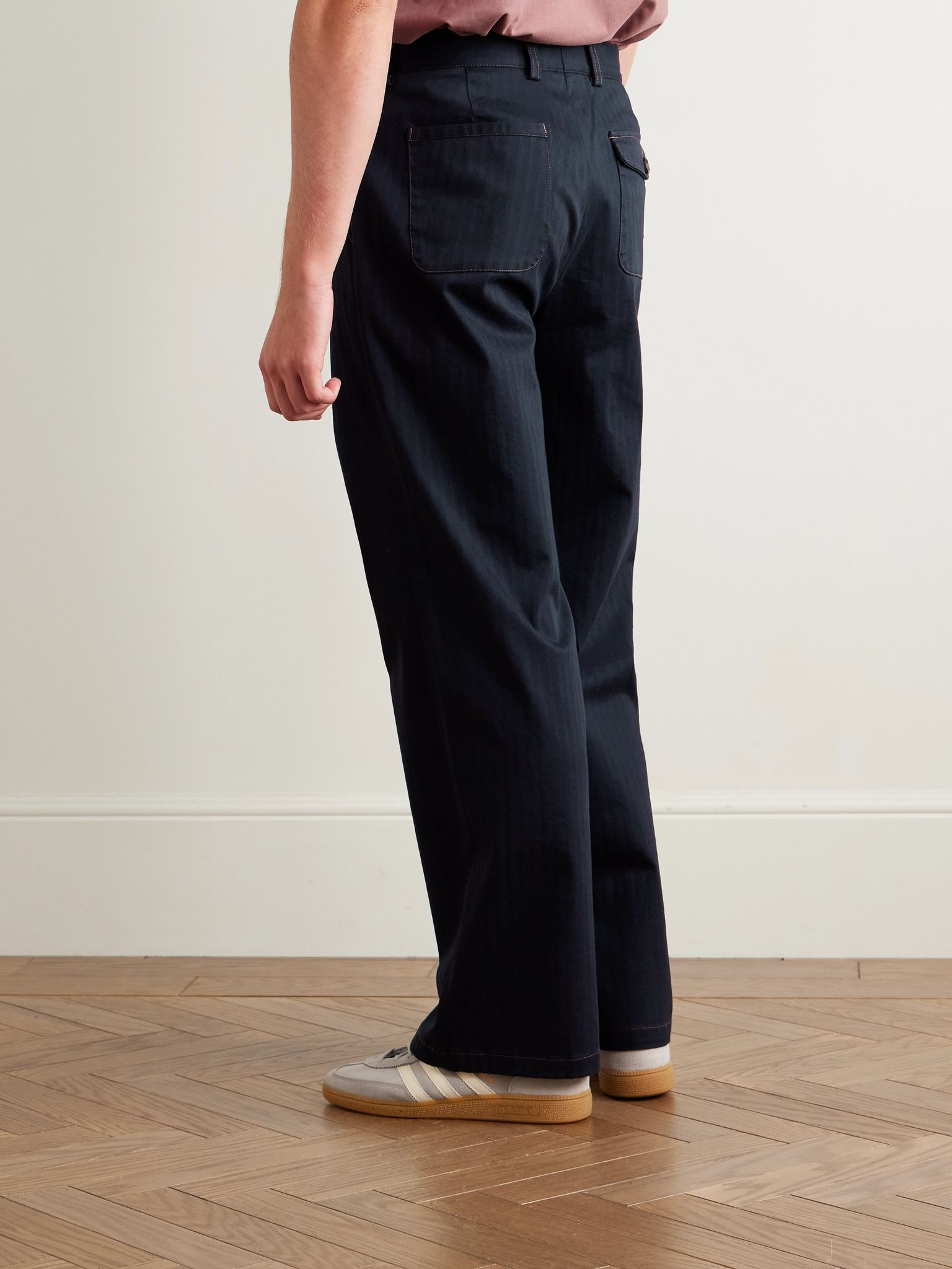 Orsman Straight-Leg Pleated Herringbone Cotton-Blend Trousers Navy - 4