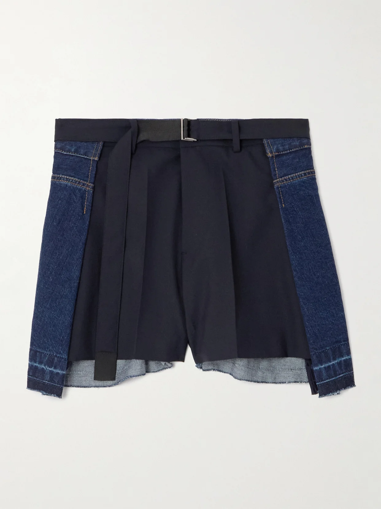 Belted Pleated Denim And Shell Shorts - 1