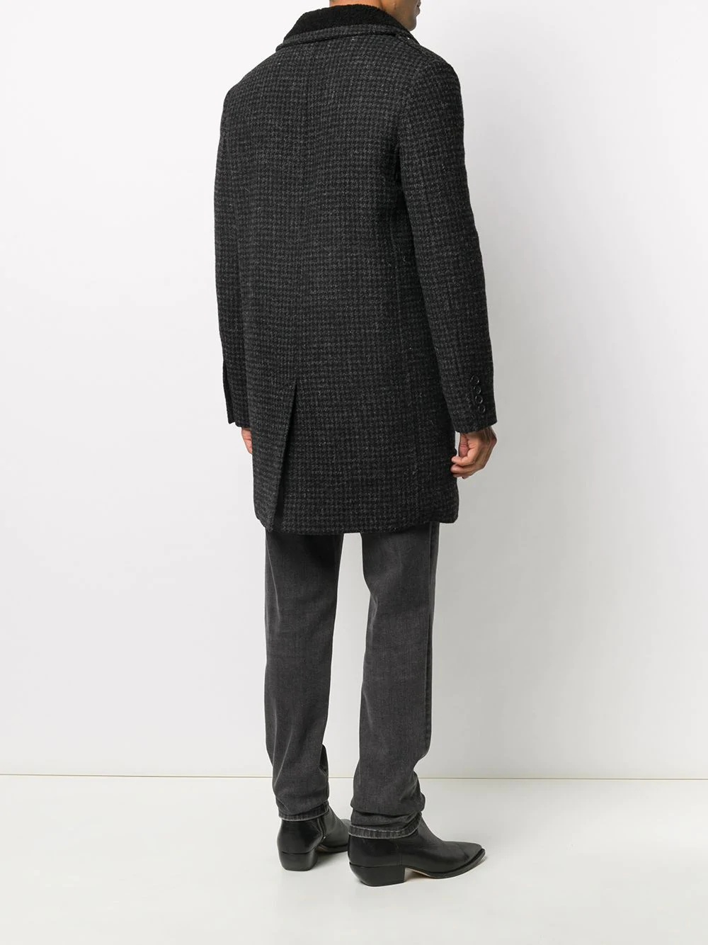 shearling-collar check wool coat - 4