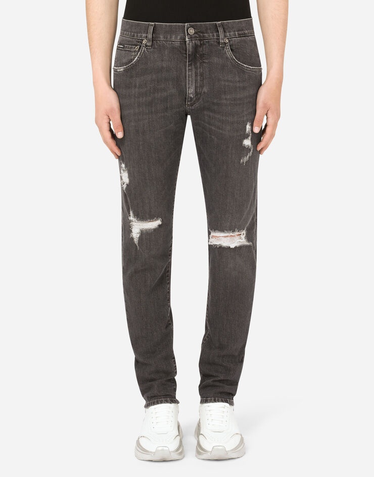 Gray slim-fit stretch jeans with rips - 1