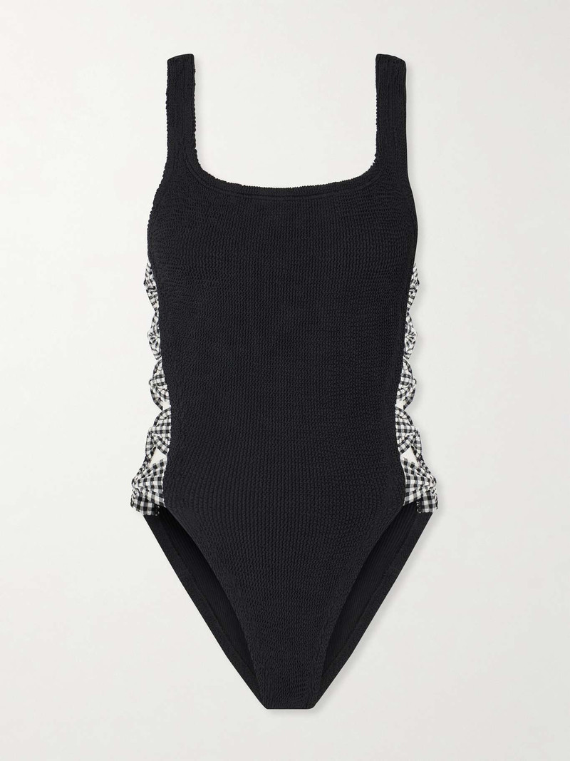 Tiffany cutout gingham-trimmed seersucker swimsuit Black - 1