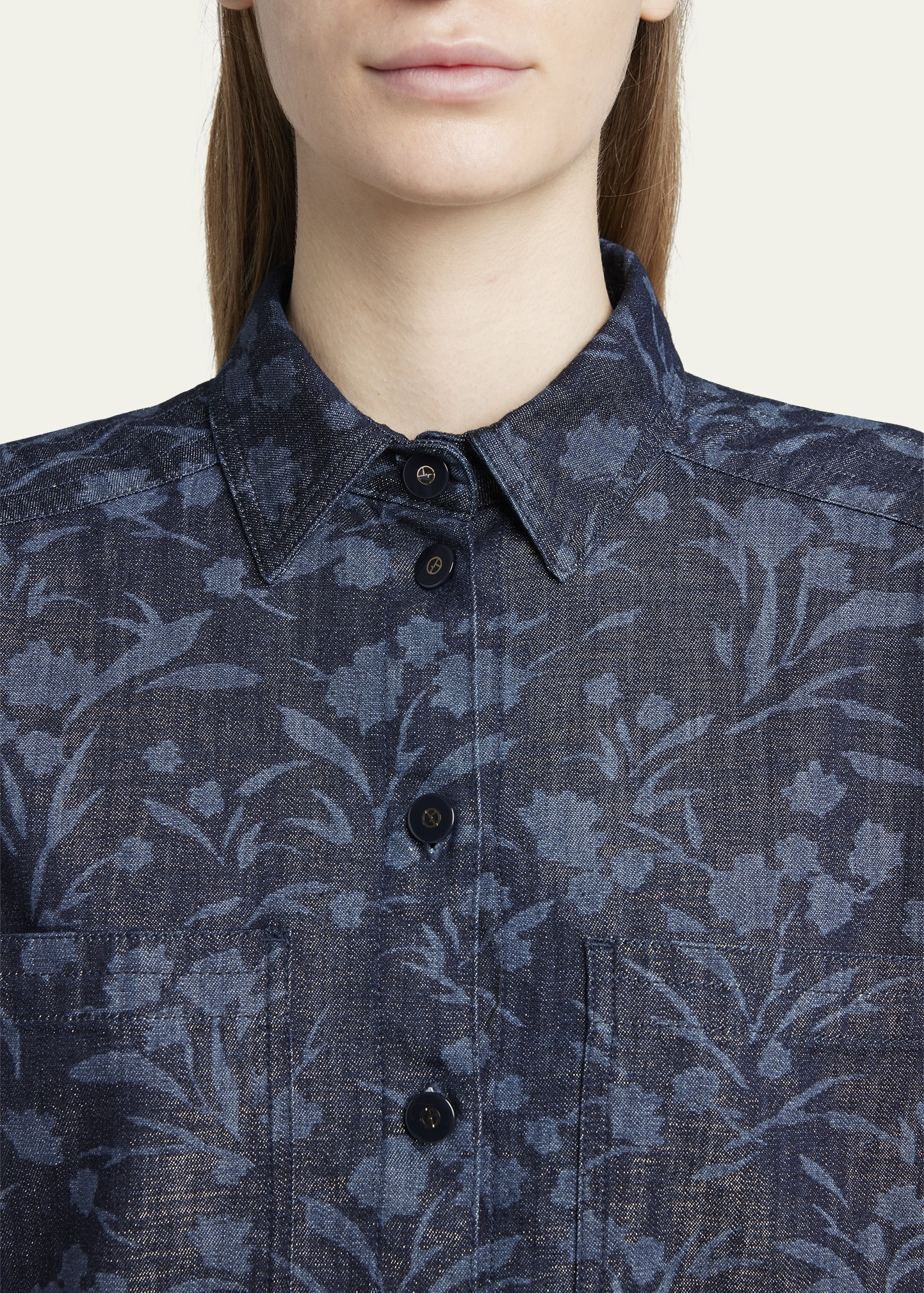 Shiny Denim Floral Print Button-Front Shirt - 5