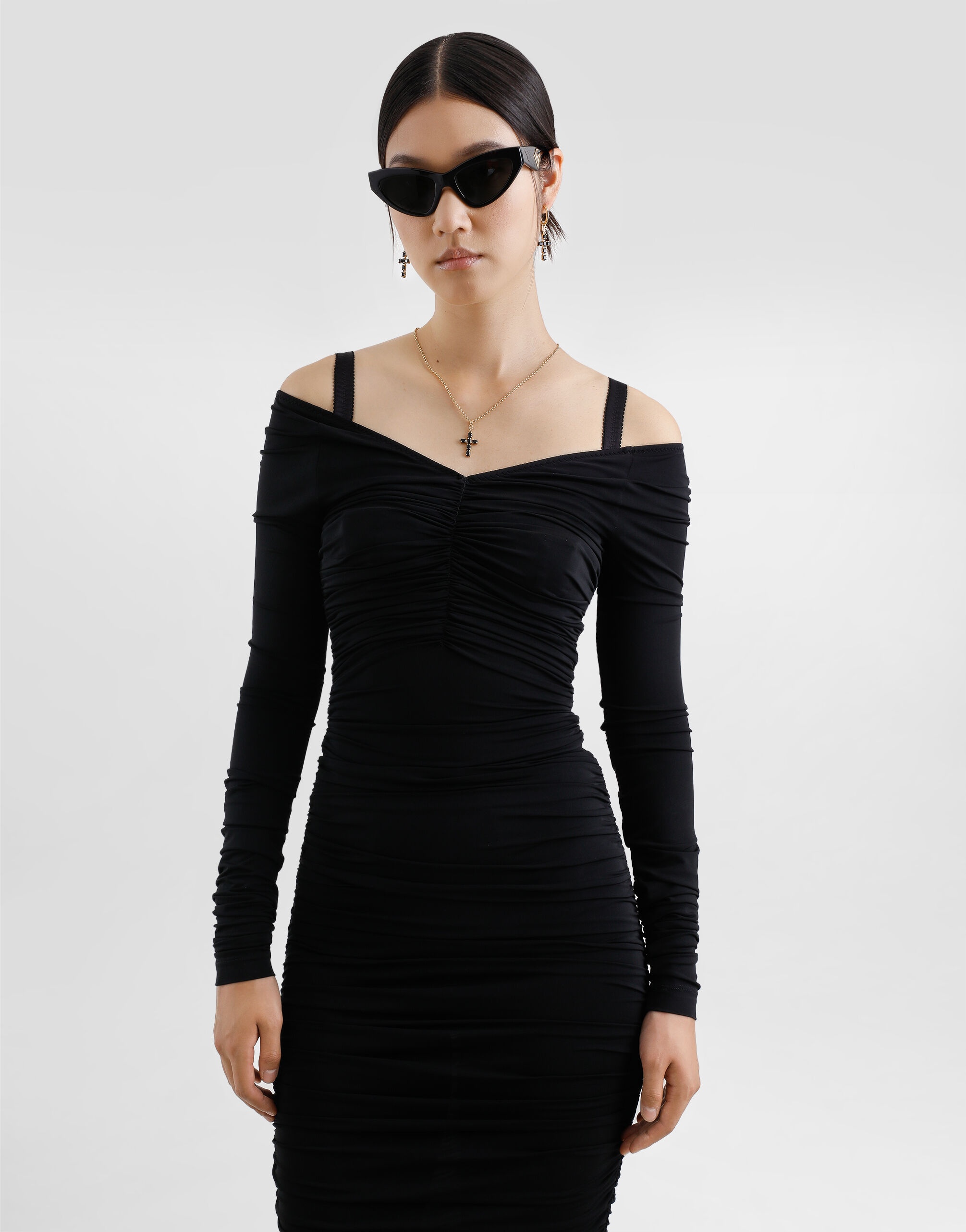 Organzine draped calf-length dress - 4
