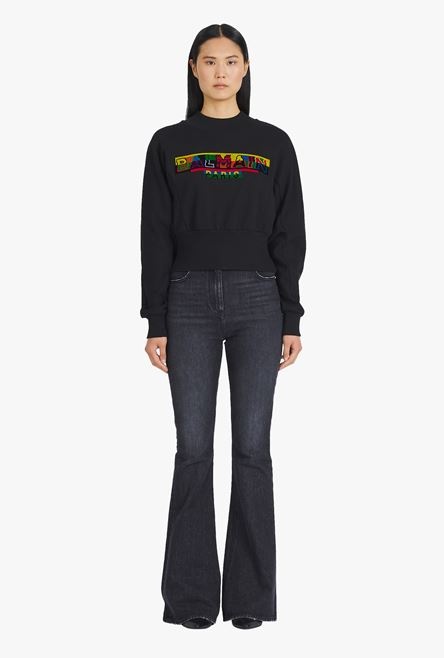 Cropped black eco-designed cotton sweatshirt with pixel Balmain logo - 4