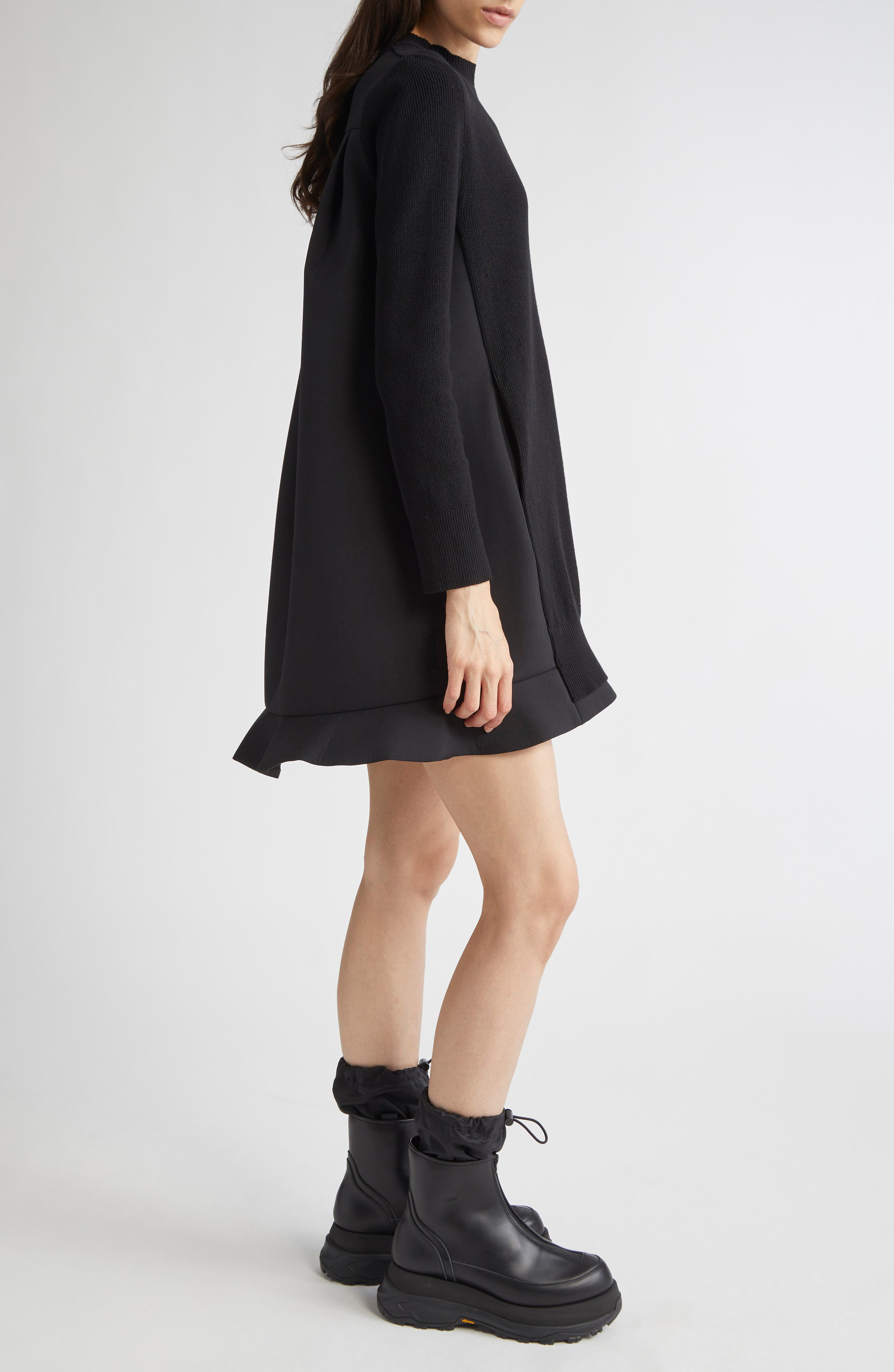 Sacai Suiting Mixed Media Long Sleeve Sweater Dress in Black at Nordstrom - 3