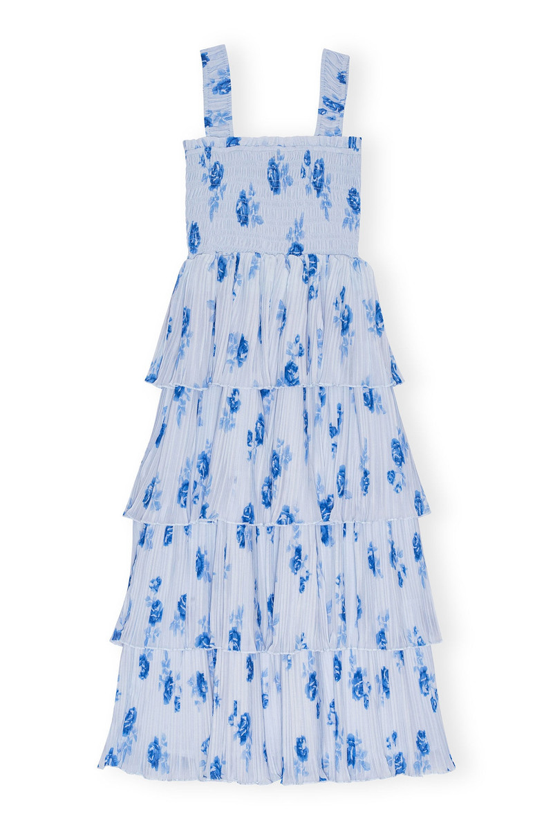 GANNI BLUE PLEATED GEORGETTE FLOUNCE SMOCK DRESS - F9145 | REVERSIBLE