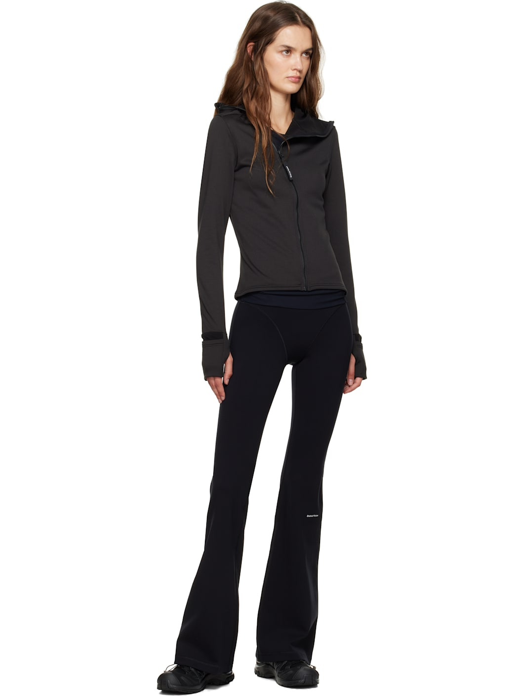 Black Hooded Fitted Grid Fleece Jacket - 4