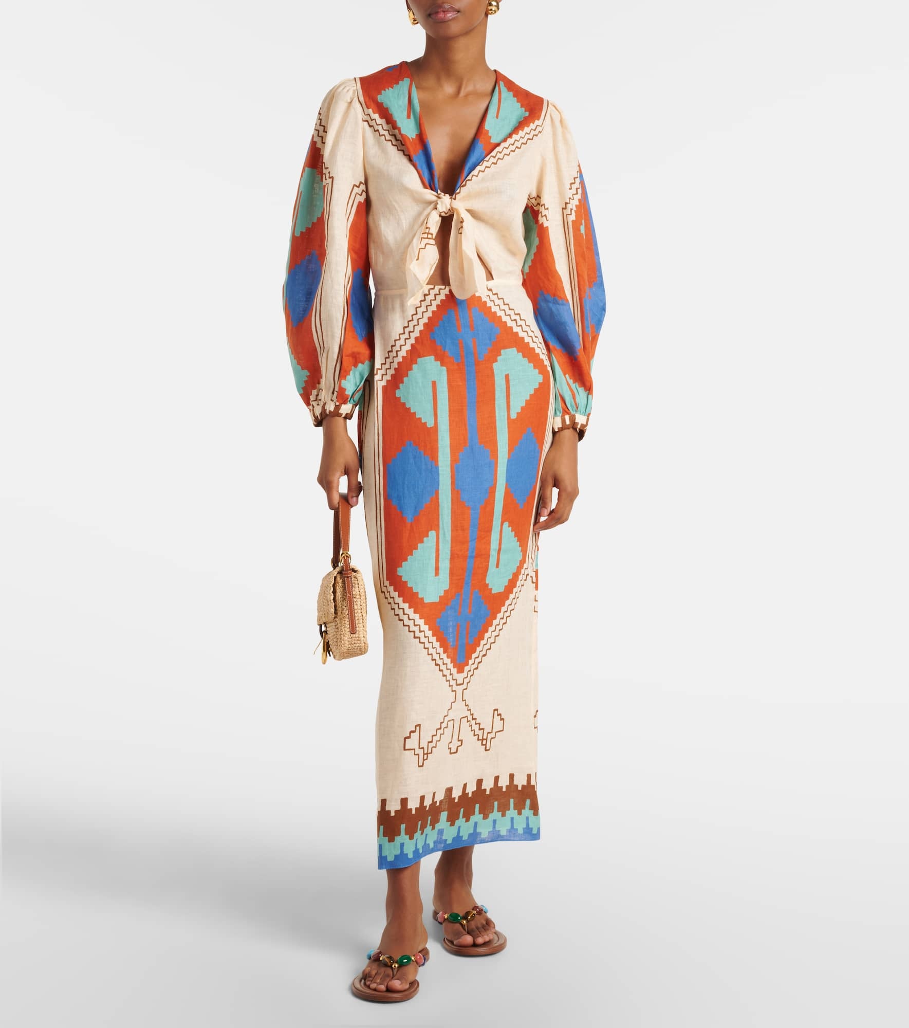 Printed tie-detail linen midi dress - 2