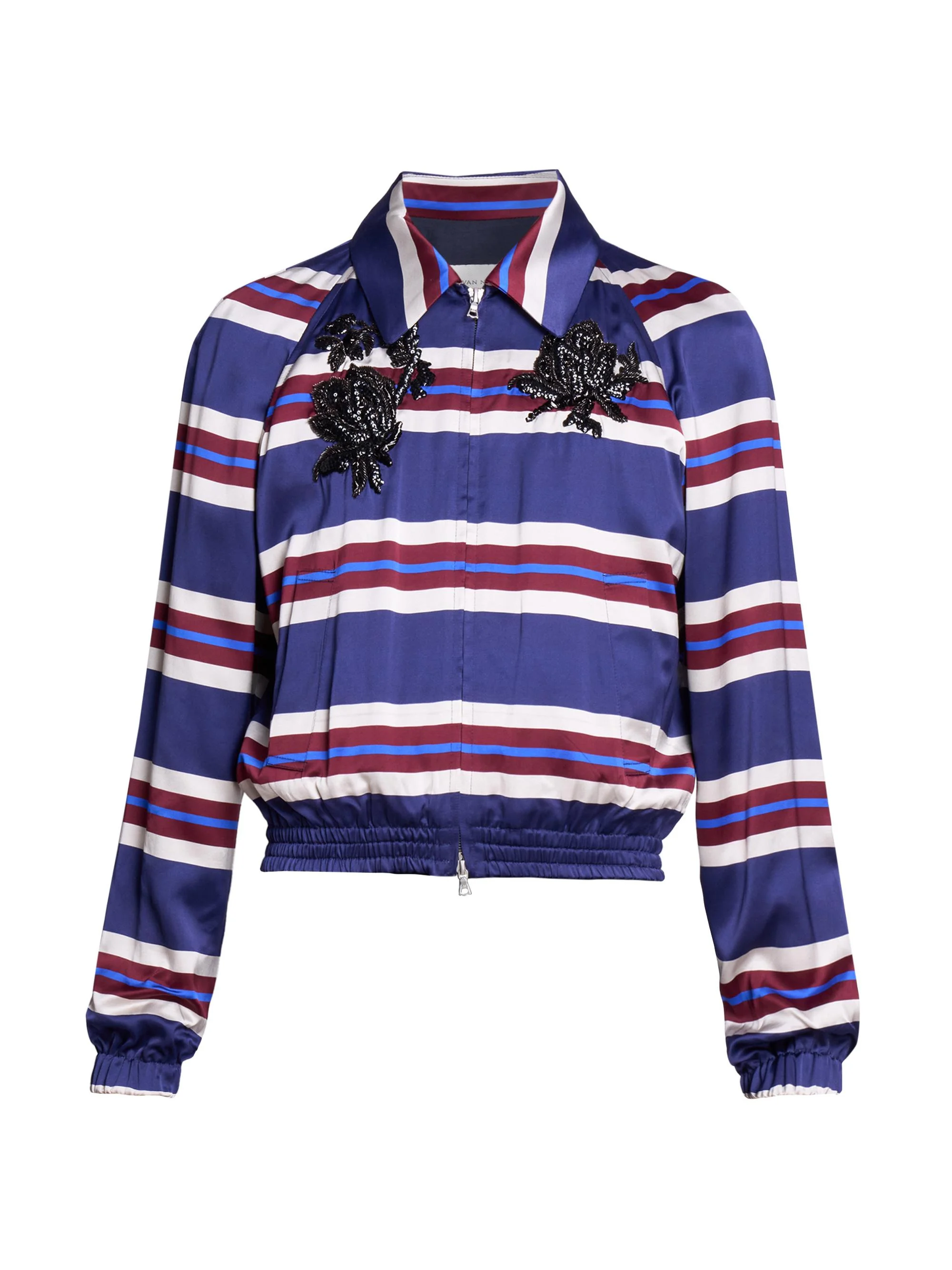 Men's Embellished Striped Satin Jacket - Navy - 1