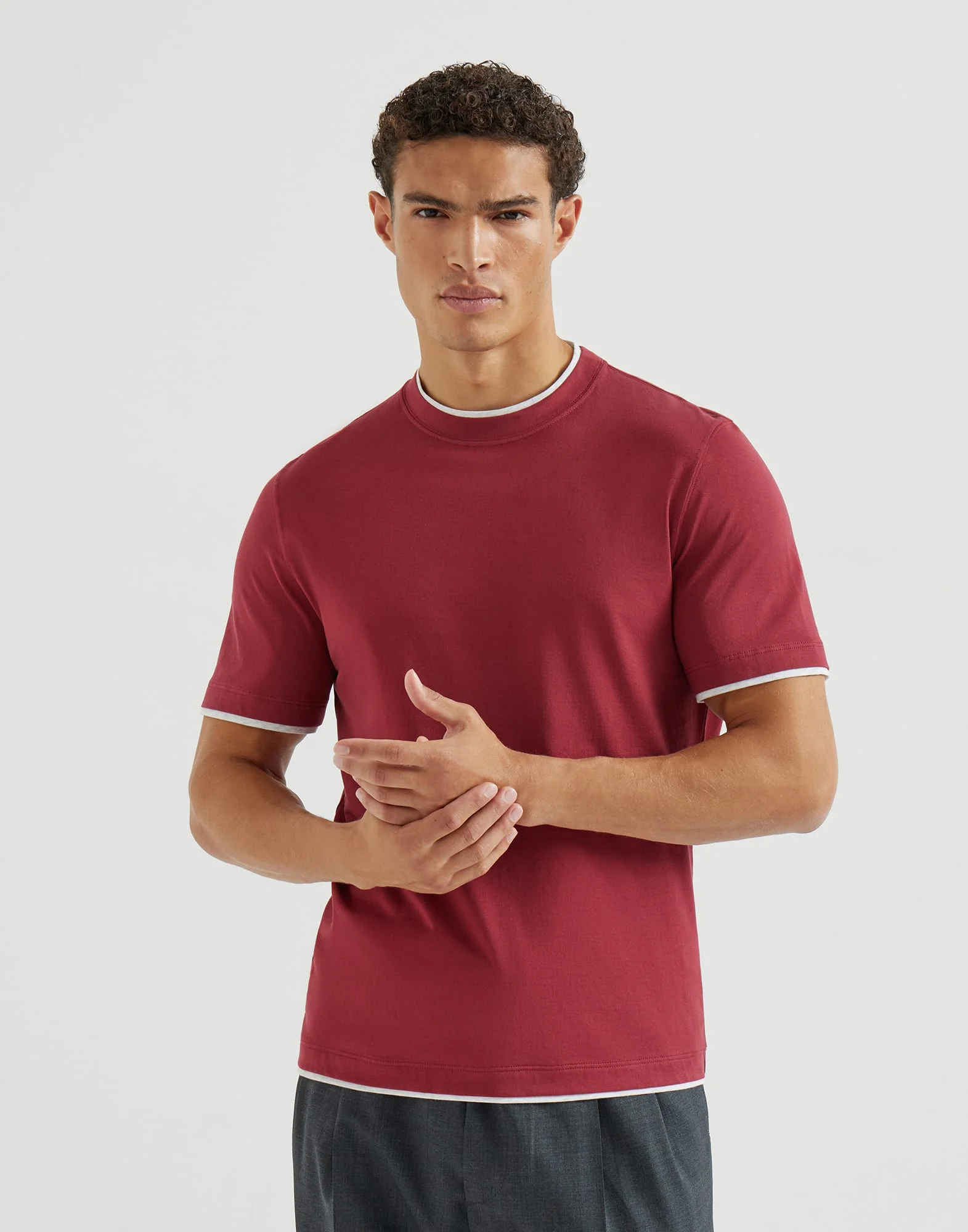 Cotton jersey crew neck T-shirt with faux-layering - 1