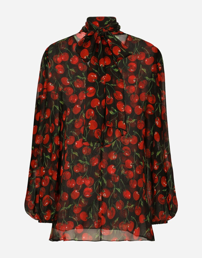 Cherry-print chiffon pussy-bow blouse - 1