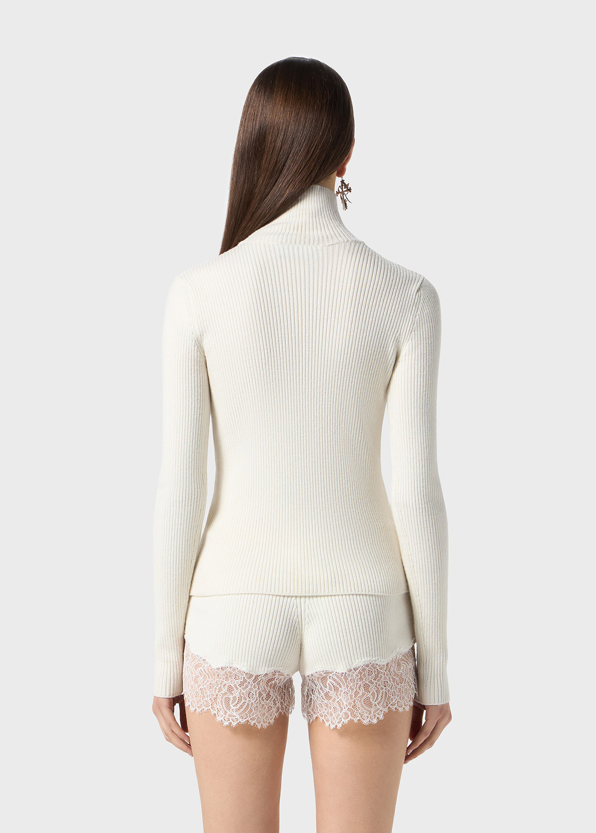 STRETCH RIBBED SWEATER WITH LACE AND SATIN INSERTS - 4