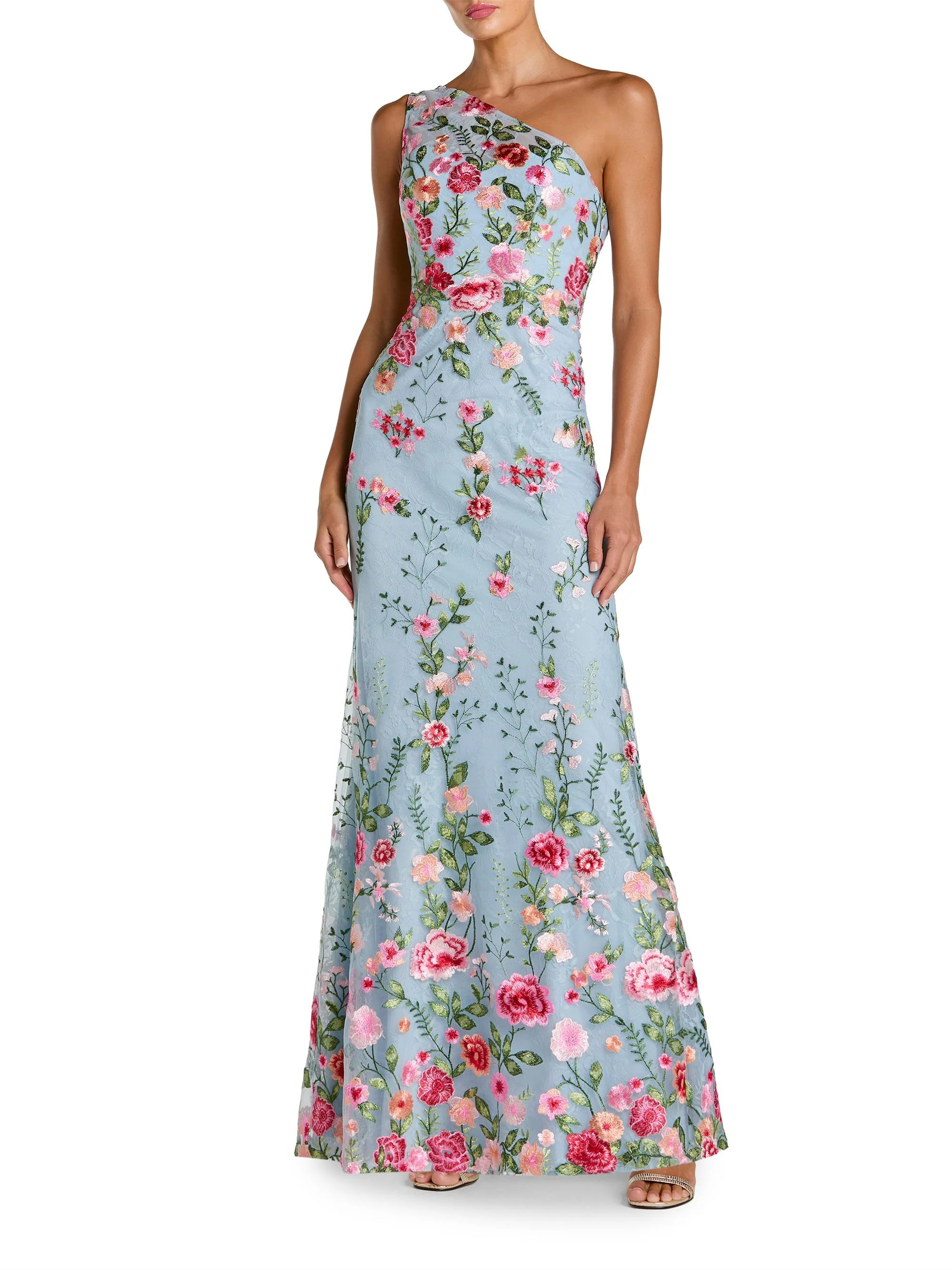 Women's One-Shoulder Floral Embroidered Gown - Powder Blue Multi - 1
