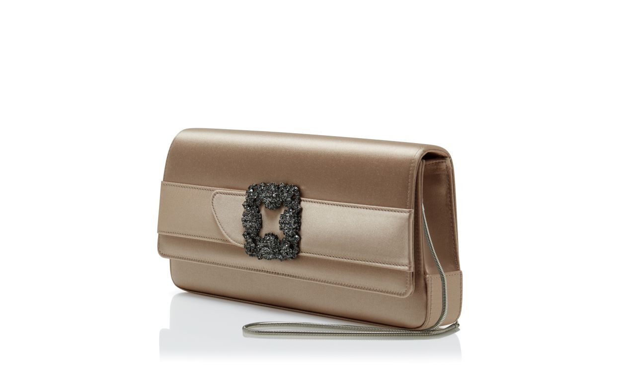Light Beige Satin Jewel Buckle Clutch - 3