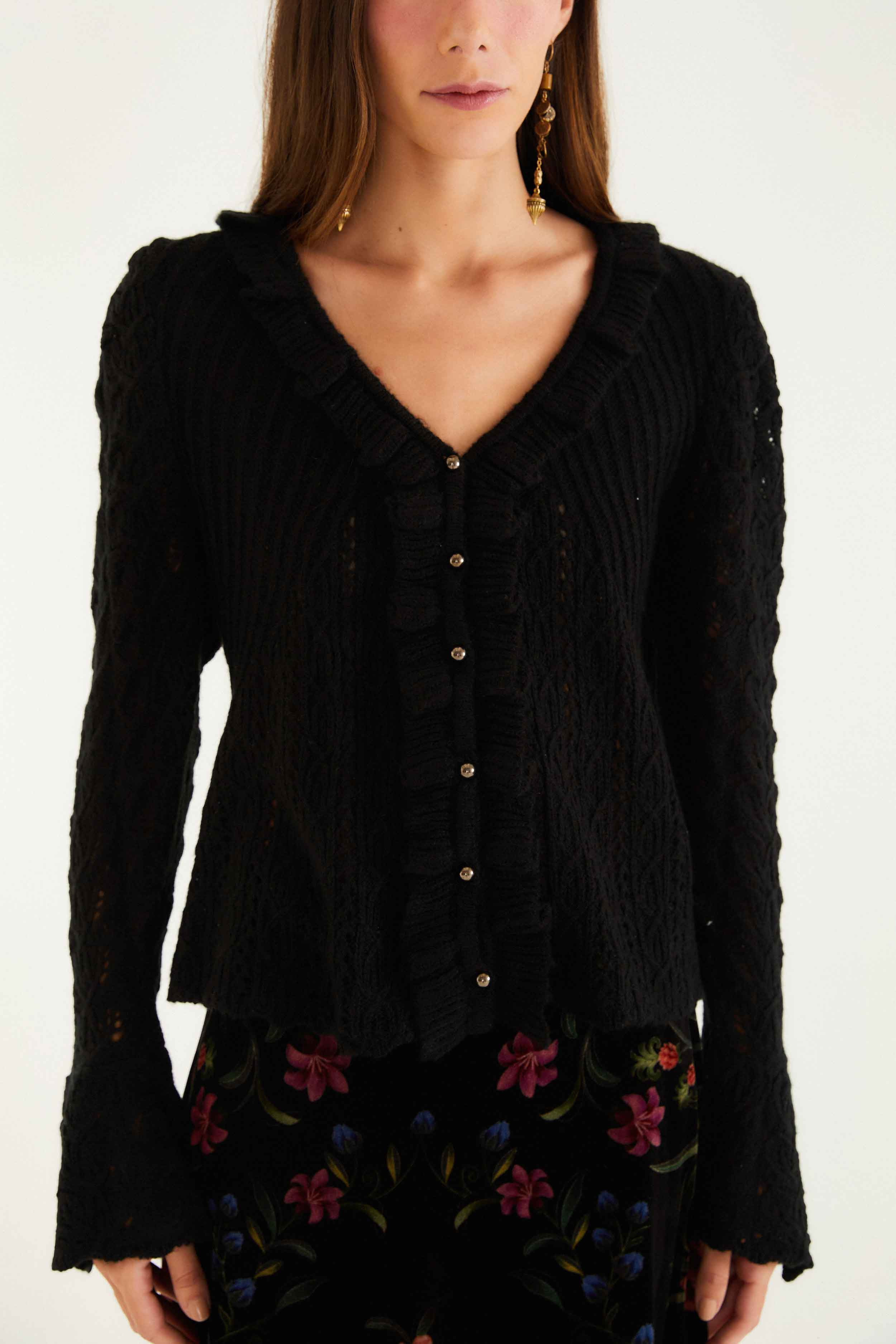 Black Lace Ruffled Knit Cardigan - 2