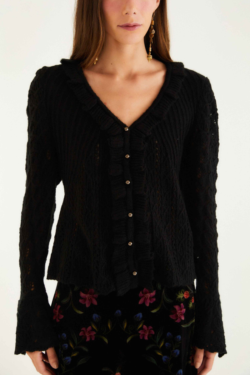 FARM RIO Black Lace Ruffled Knit Cardigan outlook