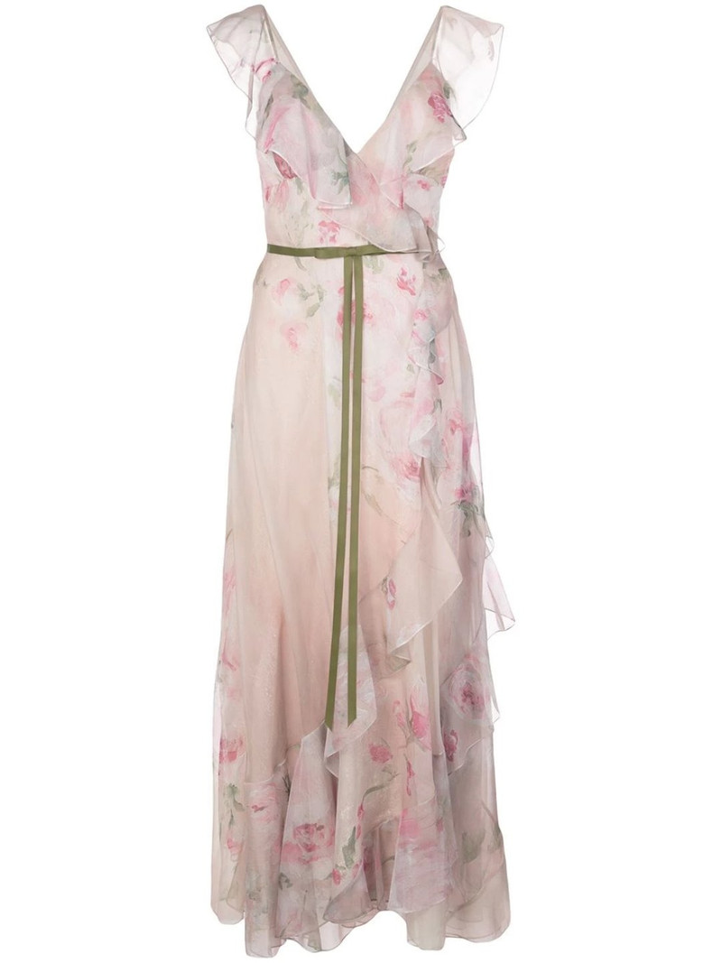PRINT CHIFFON LACE RUFFLE TEA LENGTH MIDI GOWN 5
