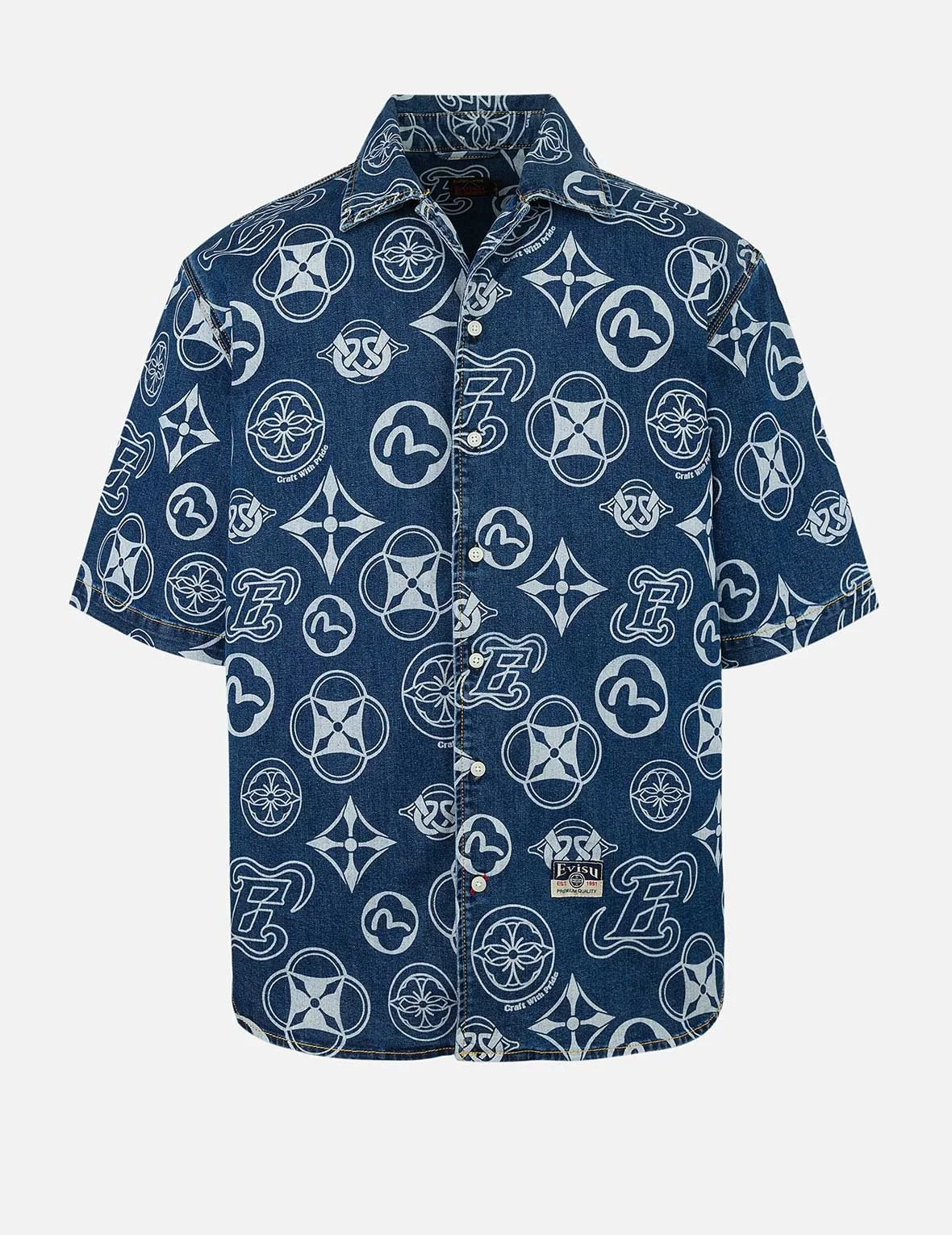 Allover Kamon Print Relax Fit Denim Short Sleeves Shirt - 1