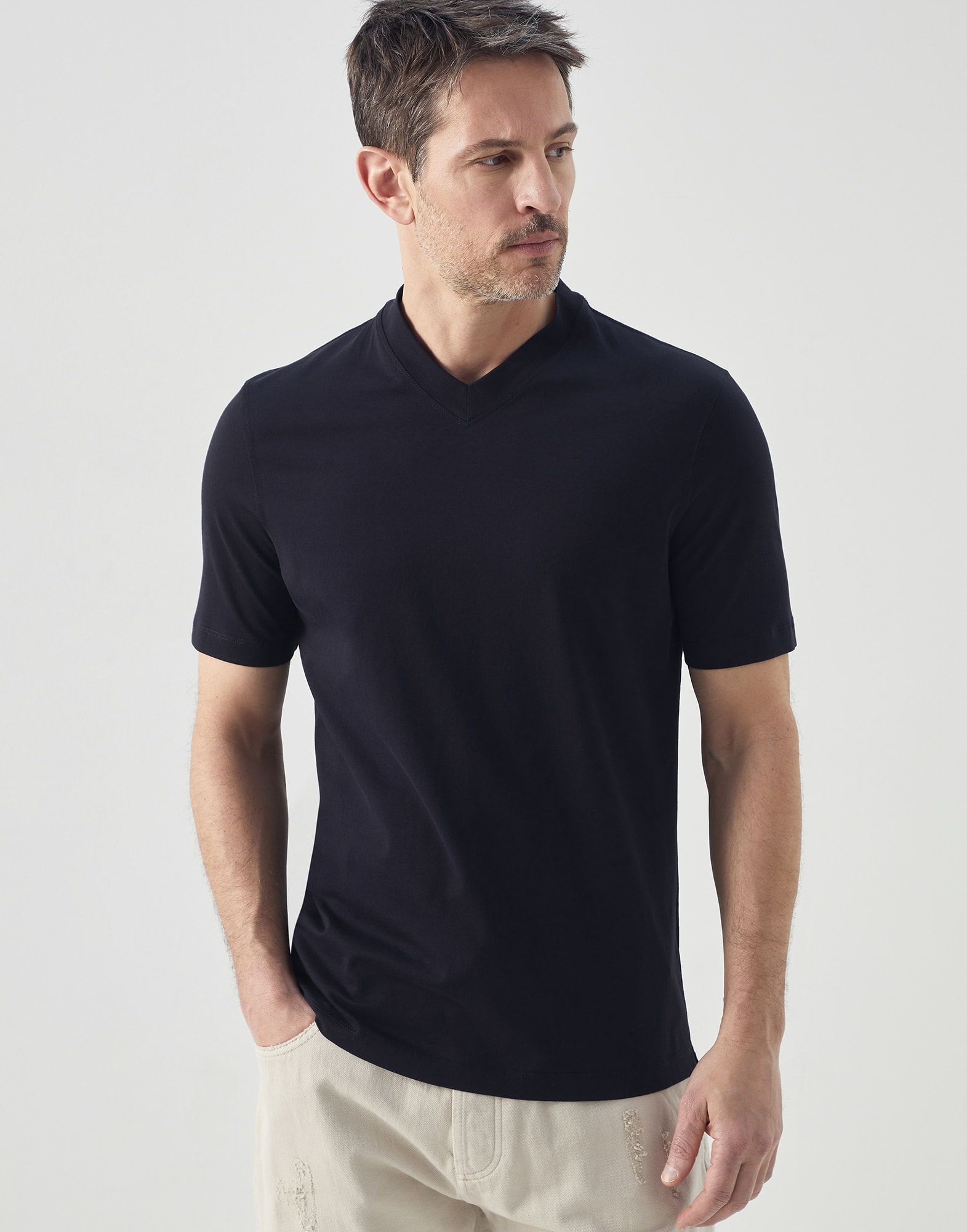 Cotton jersey slim fit T-shirt with V-neck - 1