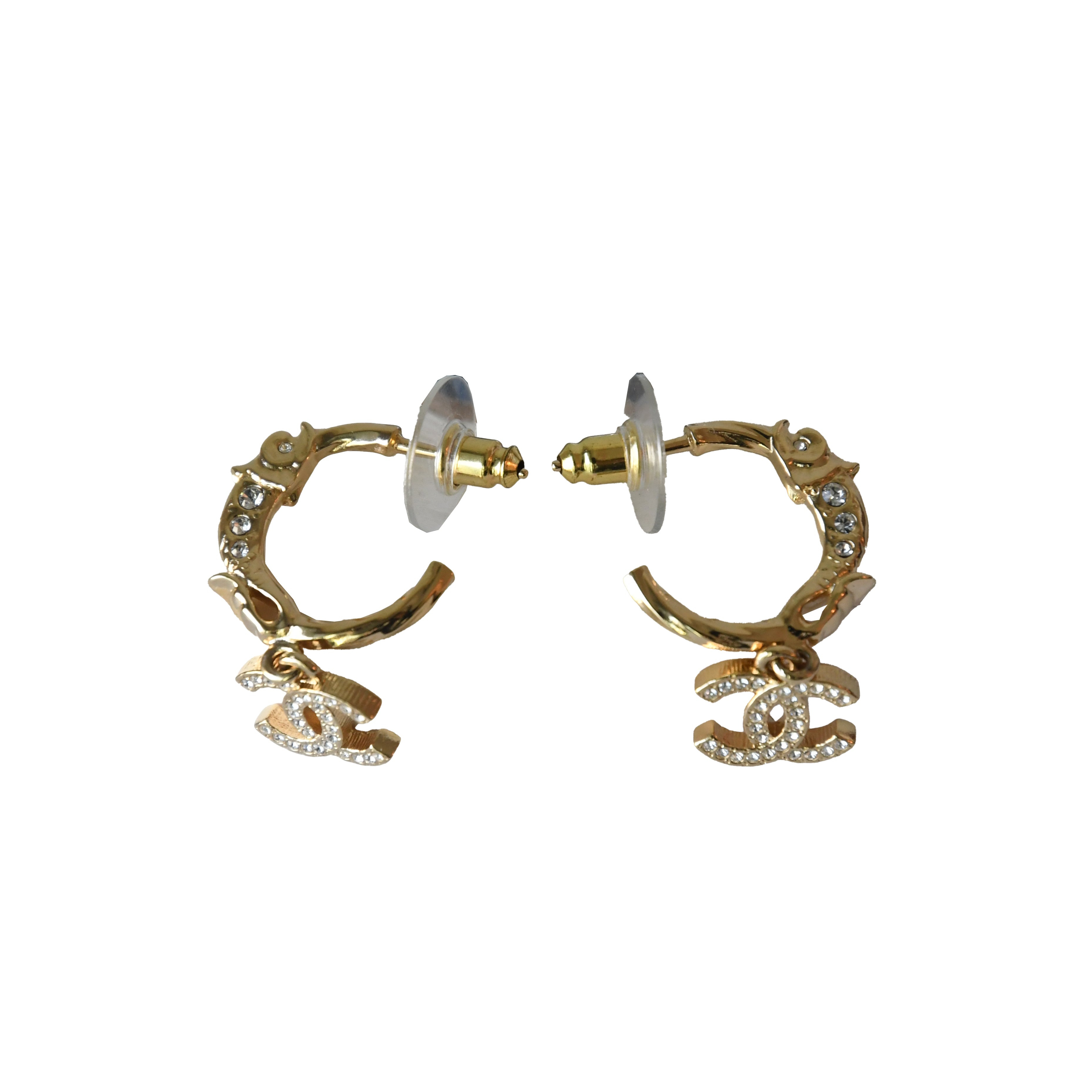 Chanel CC Metal Crystal Strass Studded Hoop Drop Earrings Gold - 3