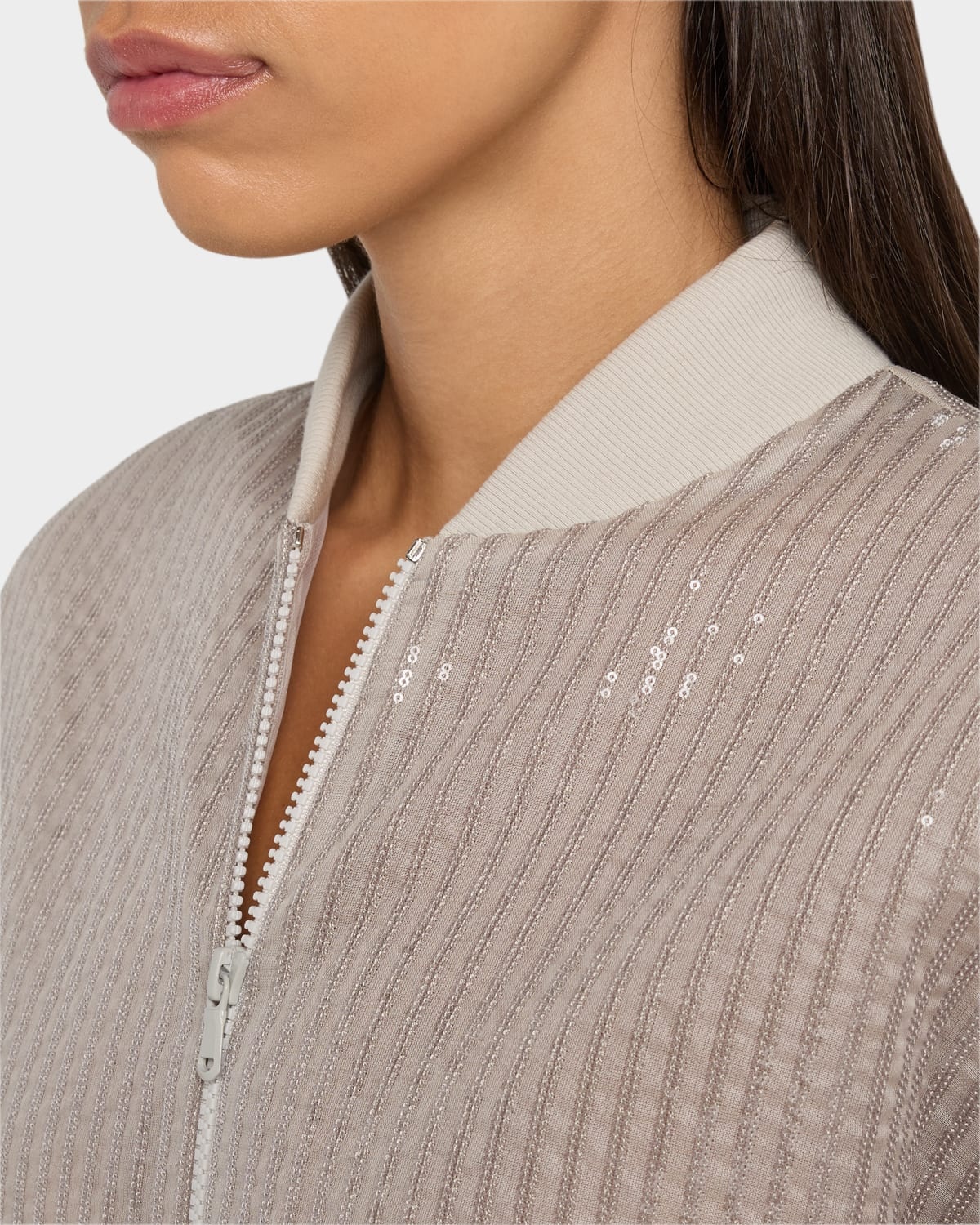 Stripe Sequined Organza Bomber Jacket - 5