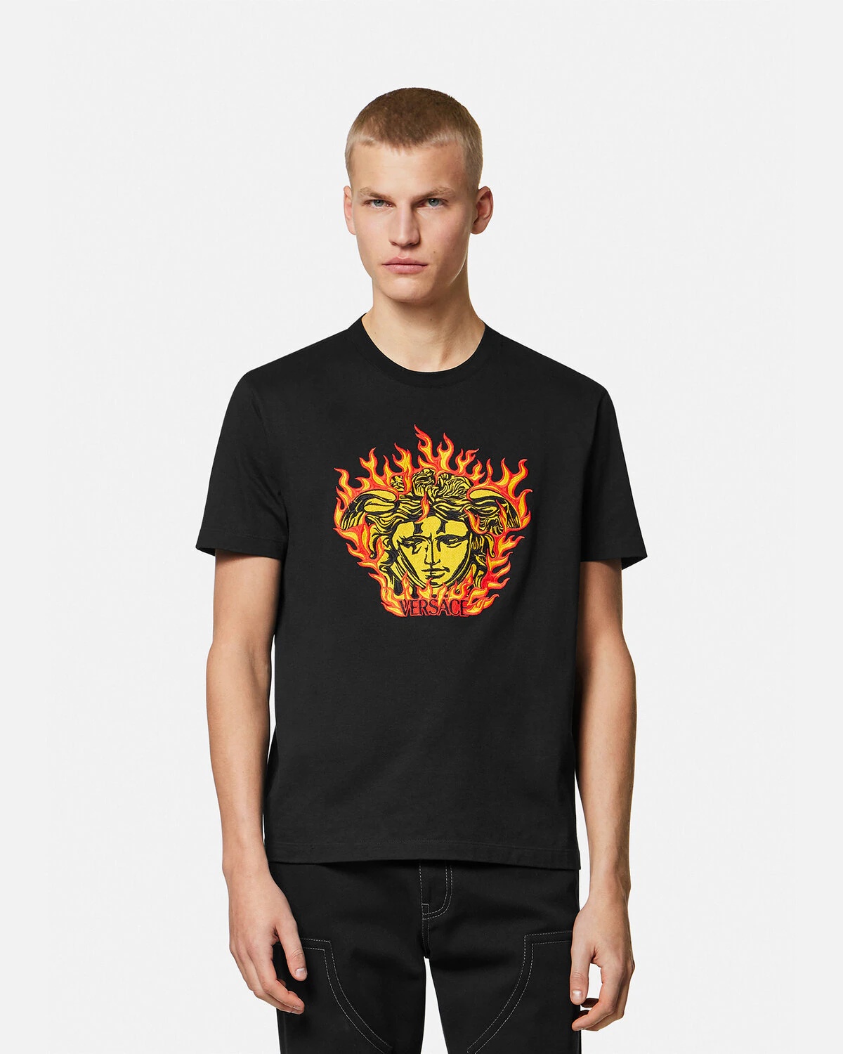 VERSACE｜SHORT-SLEEVED ROUND NECK T-SHIRTS (MEDUSA FLAME VERSACE Medusa Flame T-Shirt | REVERSIBLE