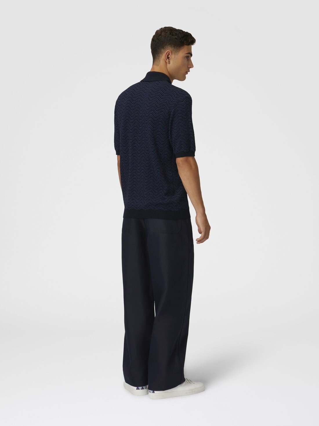 Virgin wool and viscose polo shirt with wave motif - 3